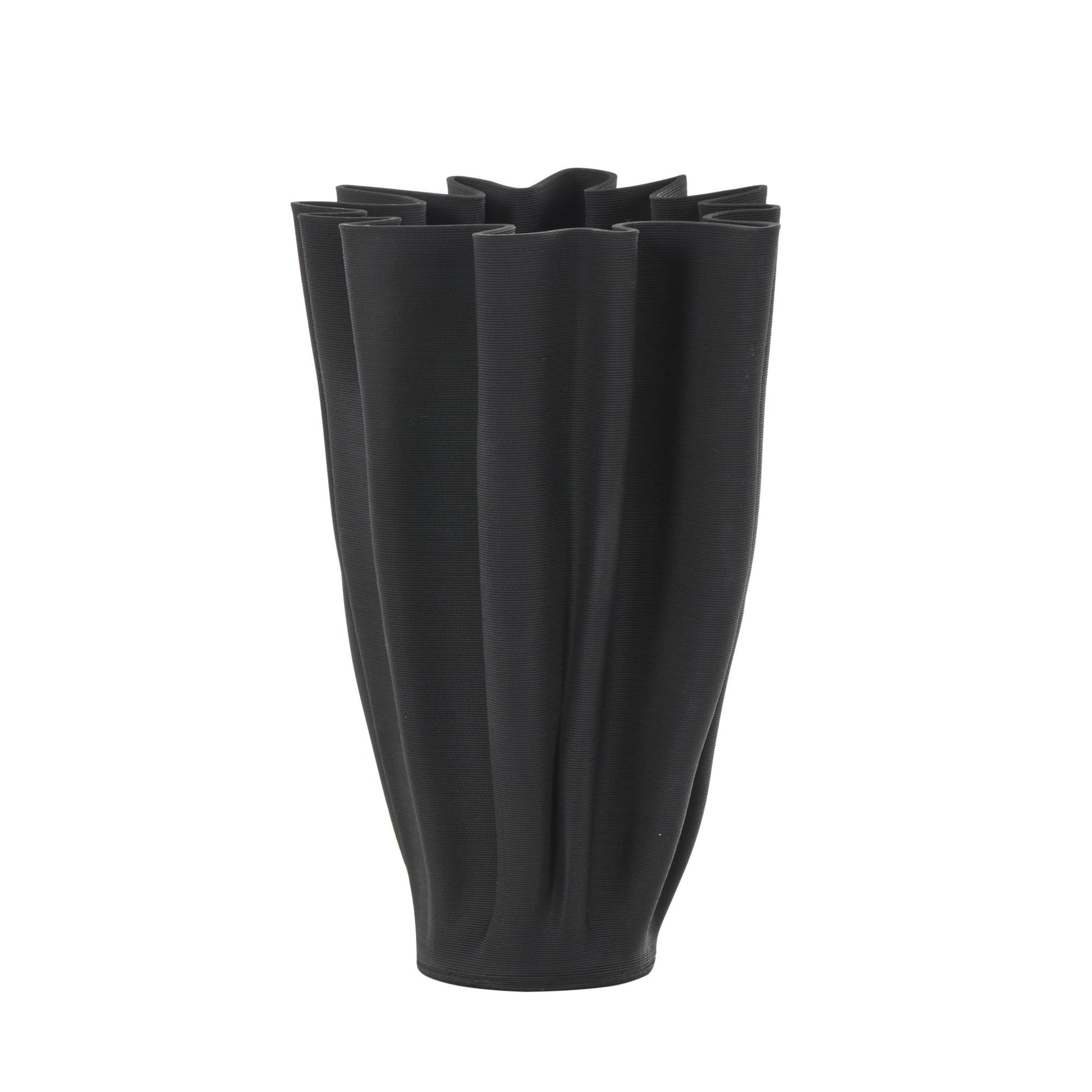 Abstract Black Ceramic Dimensional Ribbed Tulip Decorative Vase with Angular Rim
