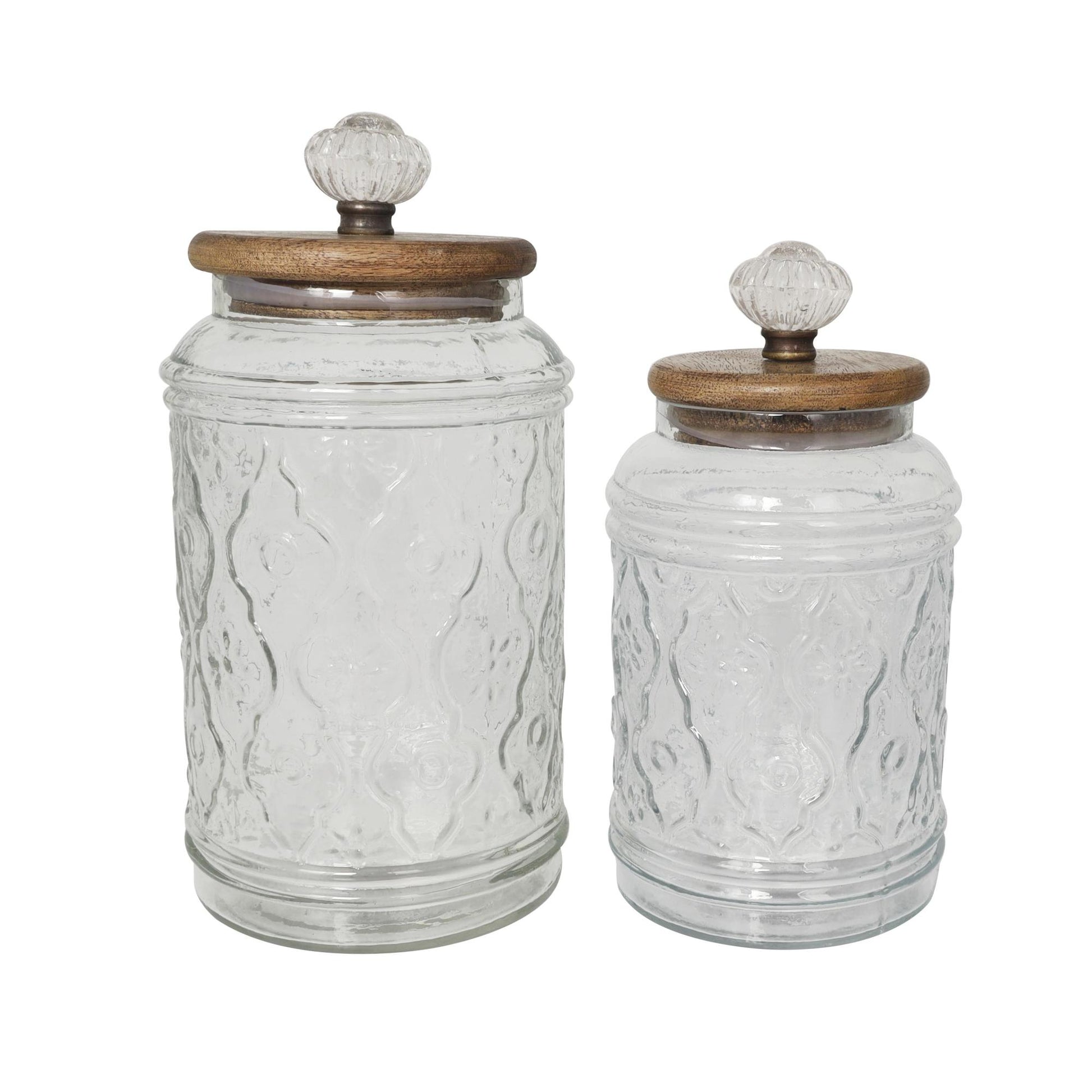 Set of 2 Floral Clear Glass Living Room Decorative Jars with Brown Wooden Lids and Antique Style Knobs