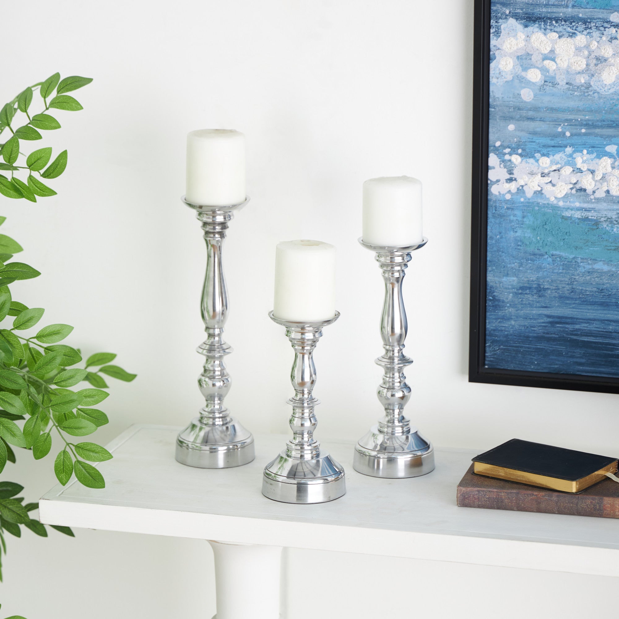 Set of 3 Silver Aluminum Metal Decorative Candle Holder