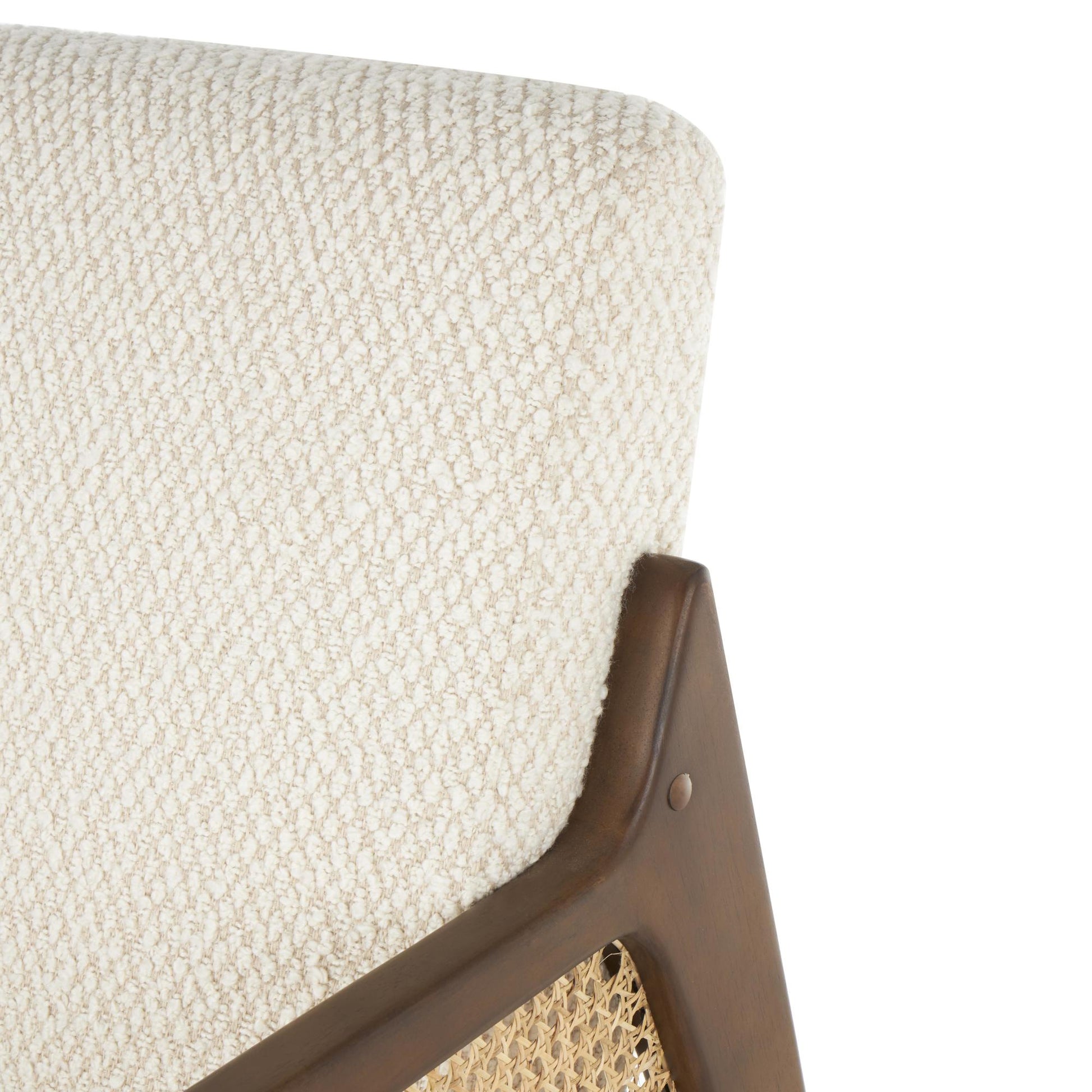 Cream Wood Upholstered Boucle Living Room Accent Chair with Brown Wooden Frame and Rattan Cane Panels