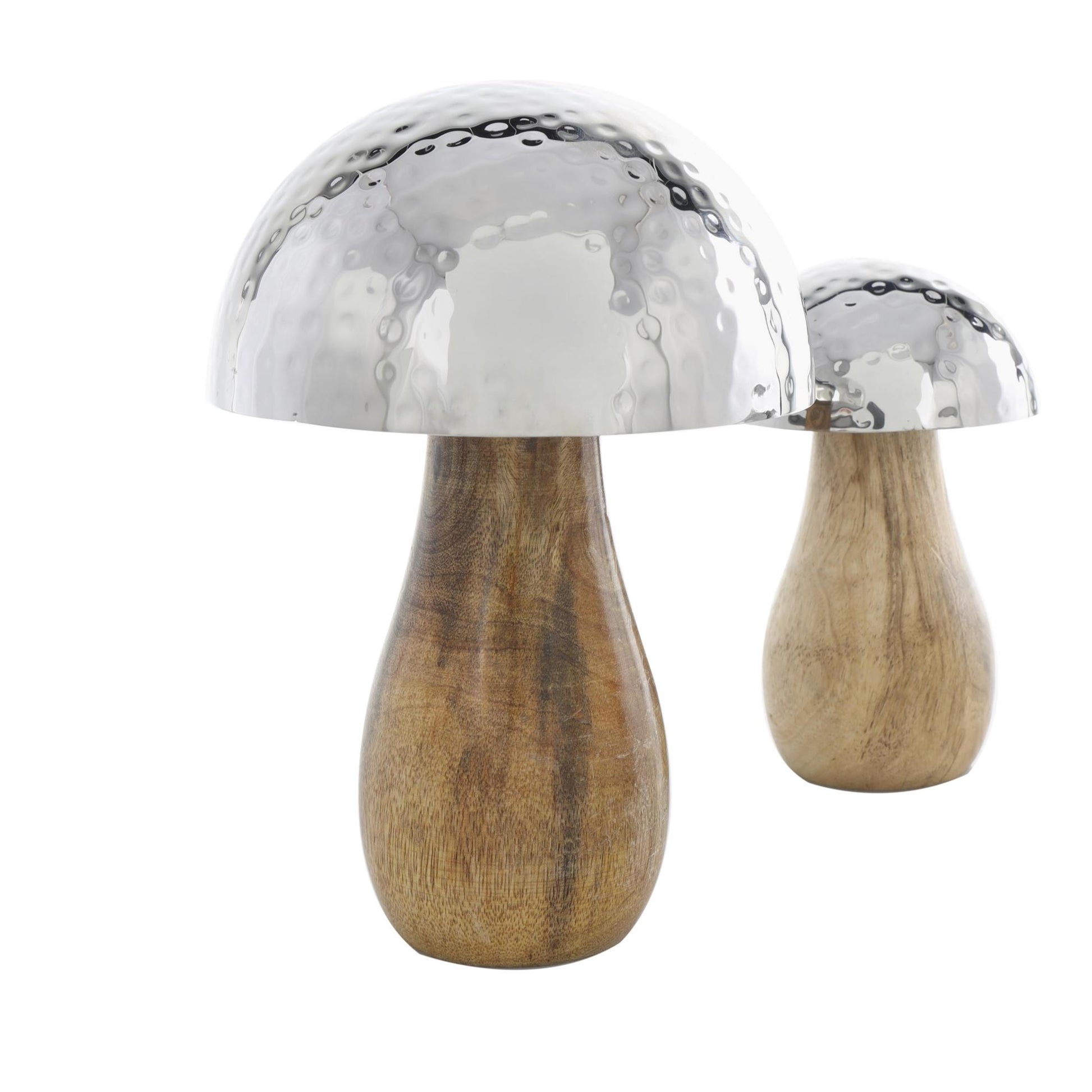 Set of 3 Mushroom Stainless Steel Metal Handmade Hammered Decorative Sculpture with Brown Wood Bases