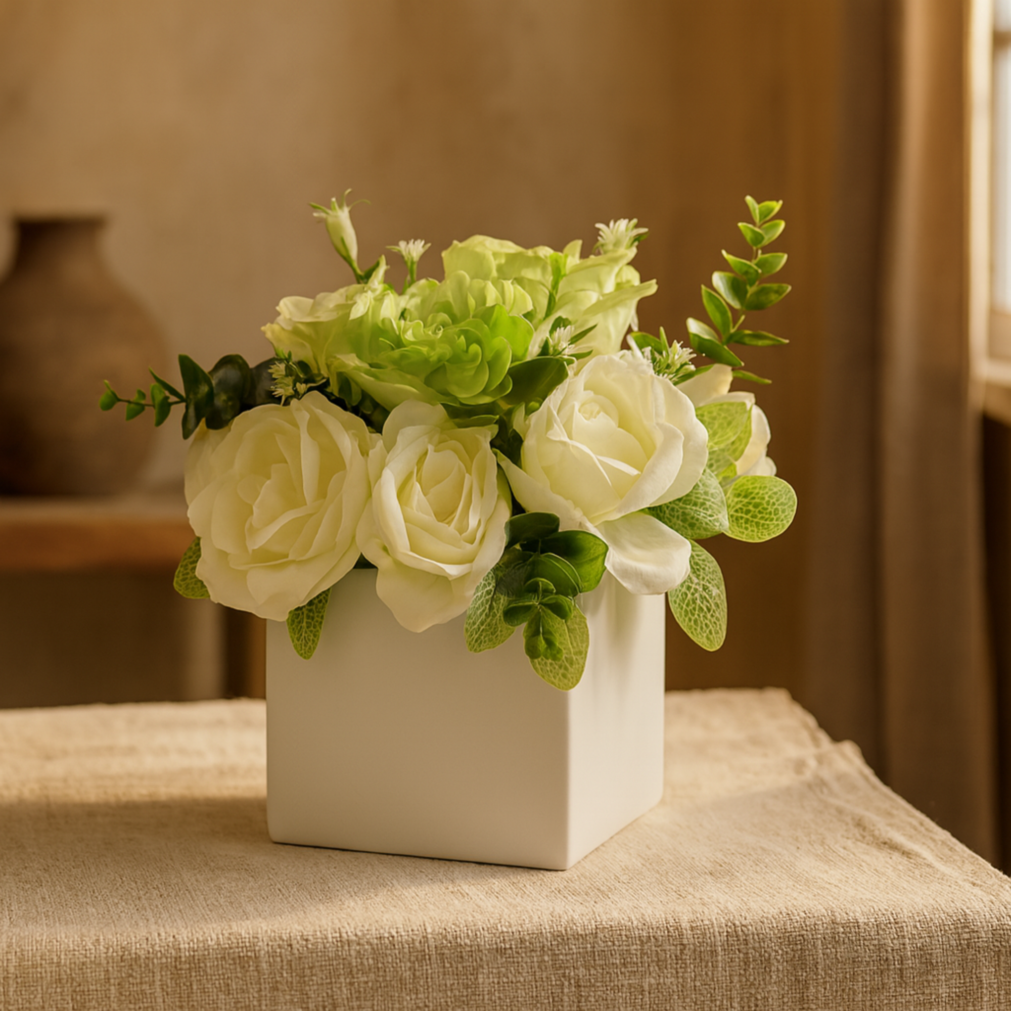 Hydrangea and Pom Pom White Fabric Indoor Outdoor Artificial Flower with Green Leaves and Square Ceramic Vase