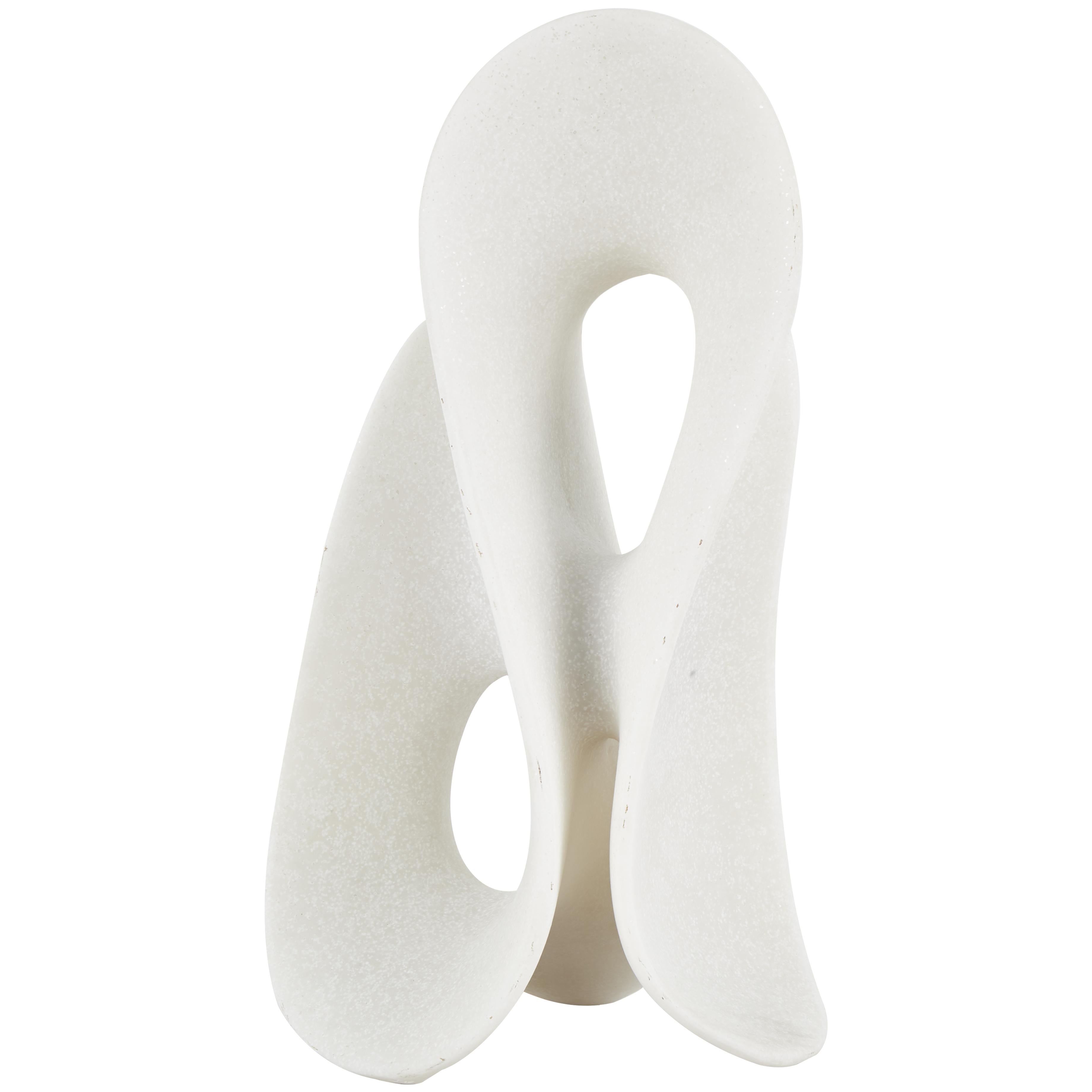 Abstract White Polystone Wavy Shaped Decorative Sculpture with Cutouts and Speckled Texturing