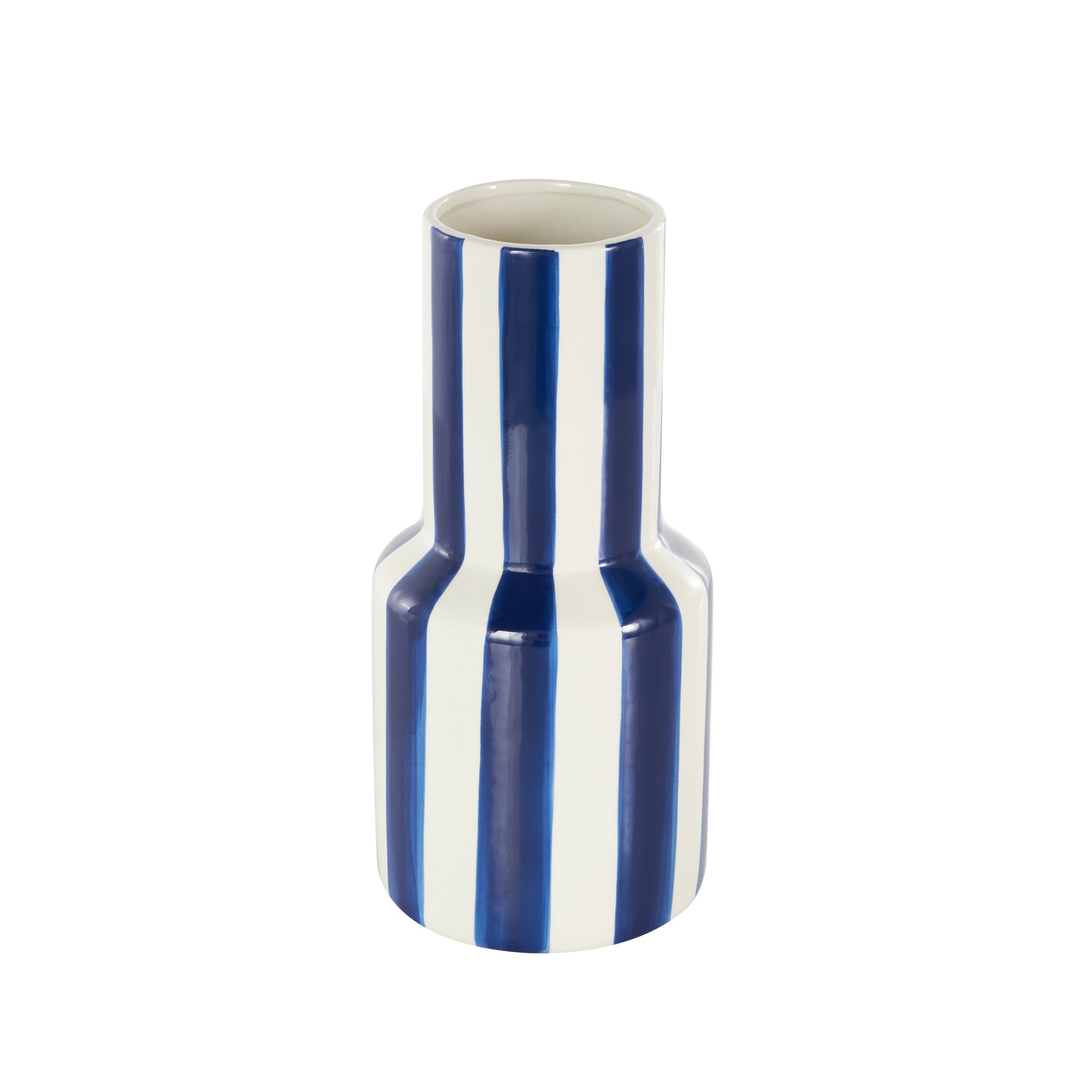 Ceramic Round Decorative Vase with Blue Vertical Stripes 5" x 5" x 11"