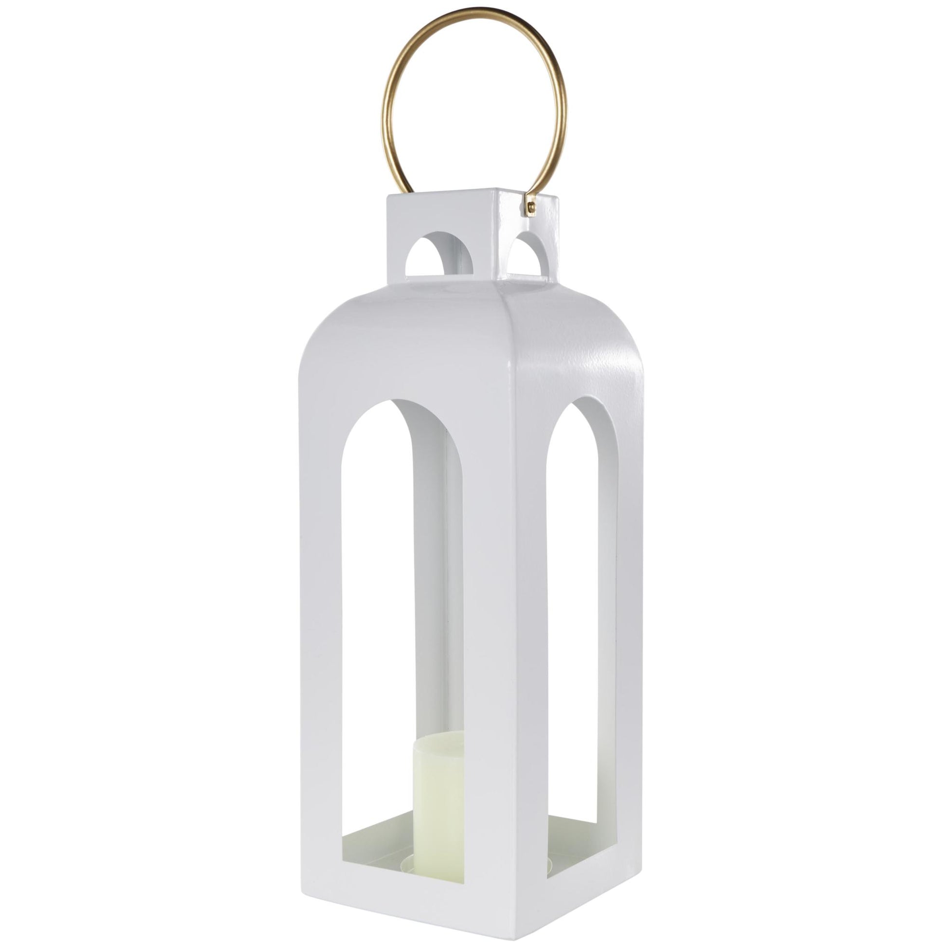 White Metal Tall Arched Cutout Indoor Outdoor Candle Lantern with Gold Handle