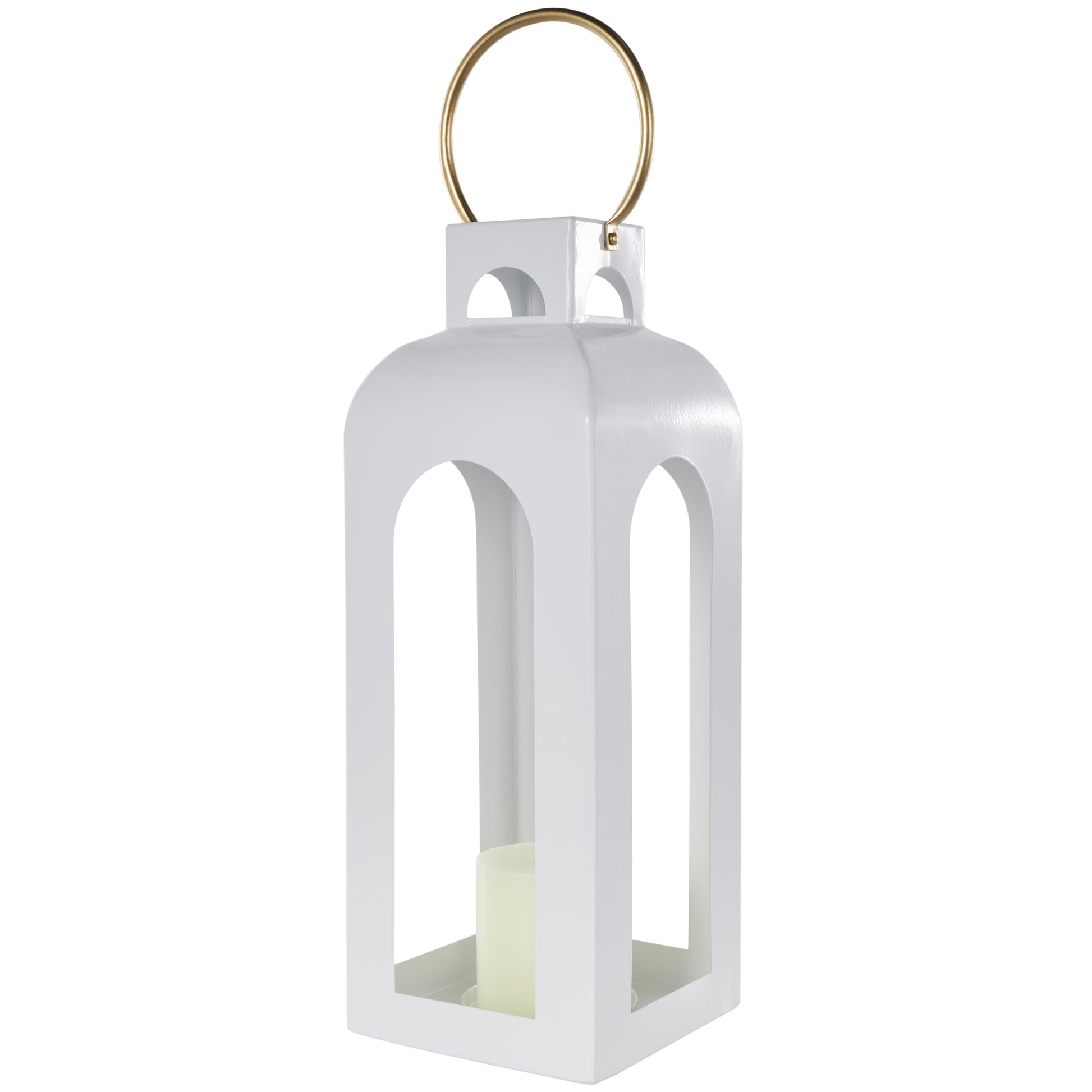 White Metal Tall Arched Cutout Indoor Outdoor Candle Lantern with Gold Handle