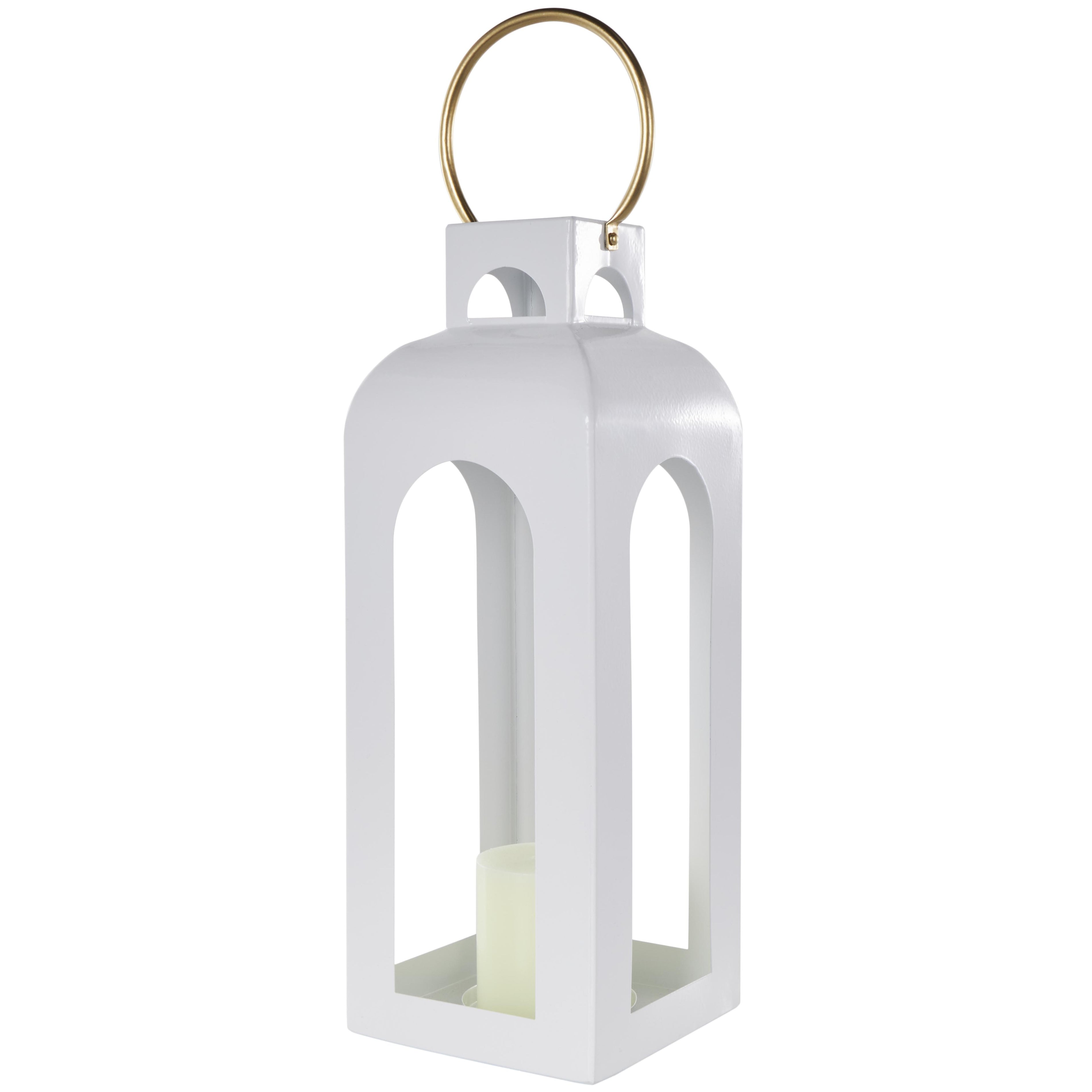 White Metal Tall Arched Cutout Indoor Outdoor Candle Lantern with Gold Handle