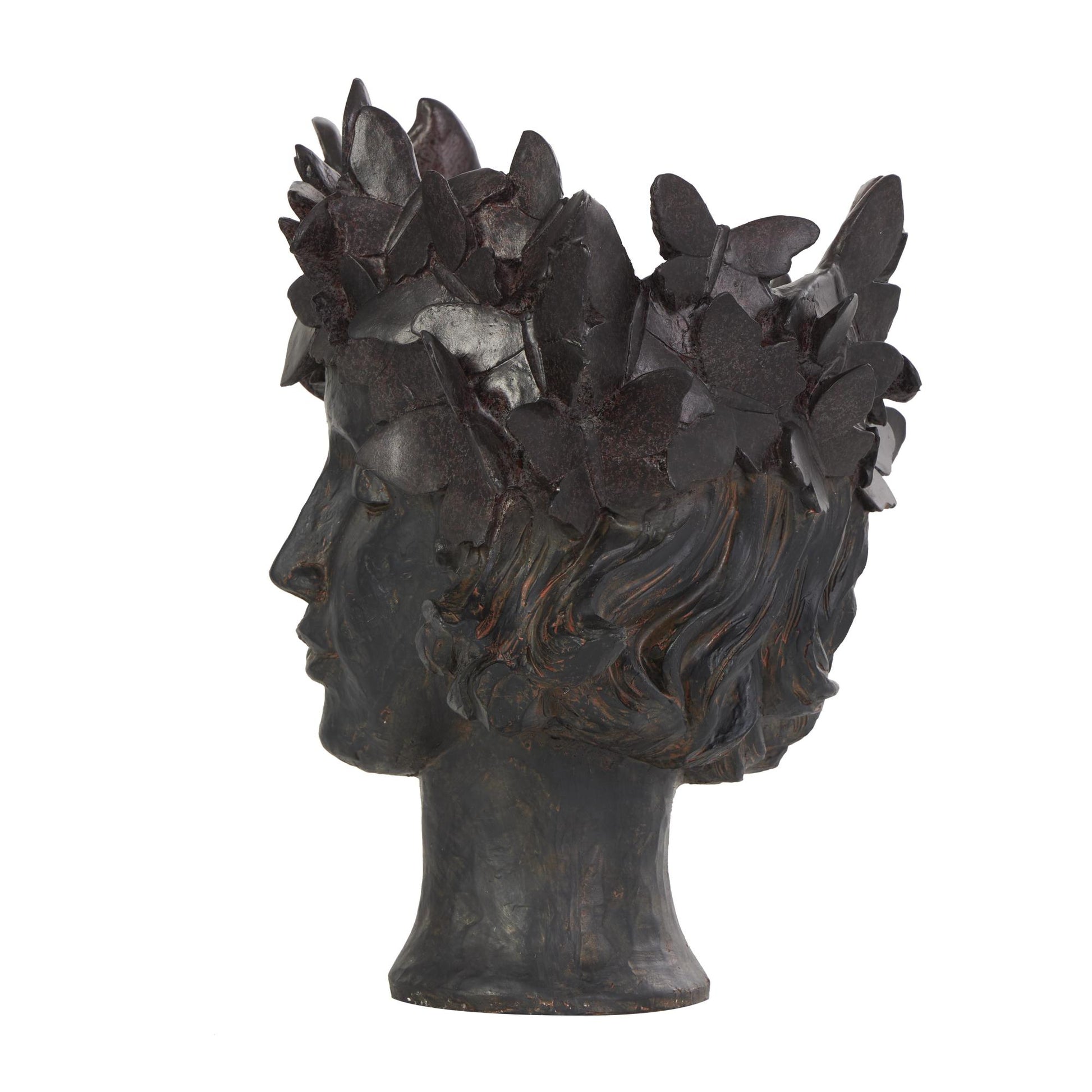 Woman Bronze Resin Head Indoor Outdoor Planter with Wide Opening and Butterfly Accents