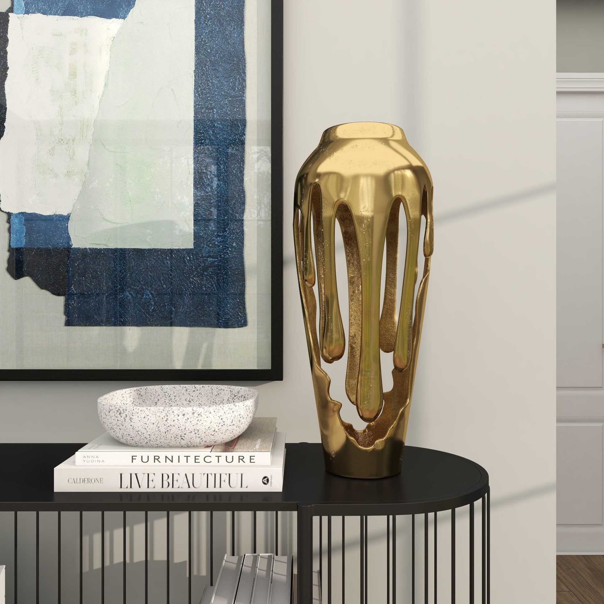 Abstract Aluminum Metal Drip Decorative Vase with Melting Designed Body