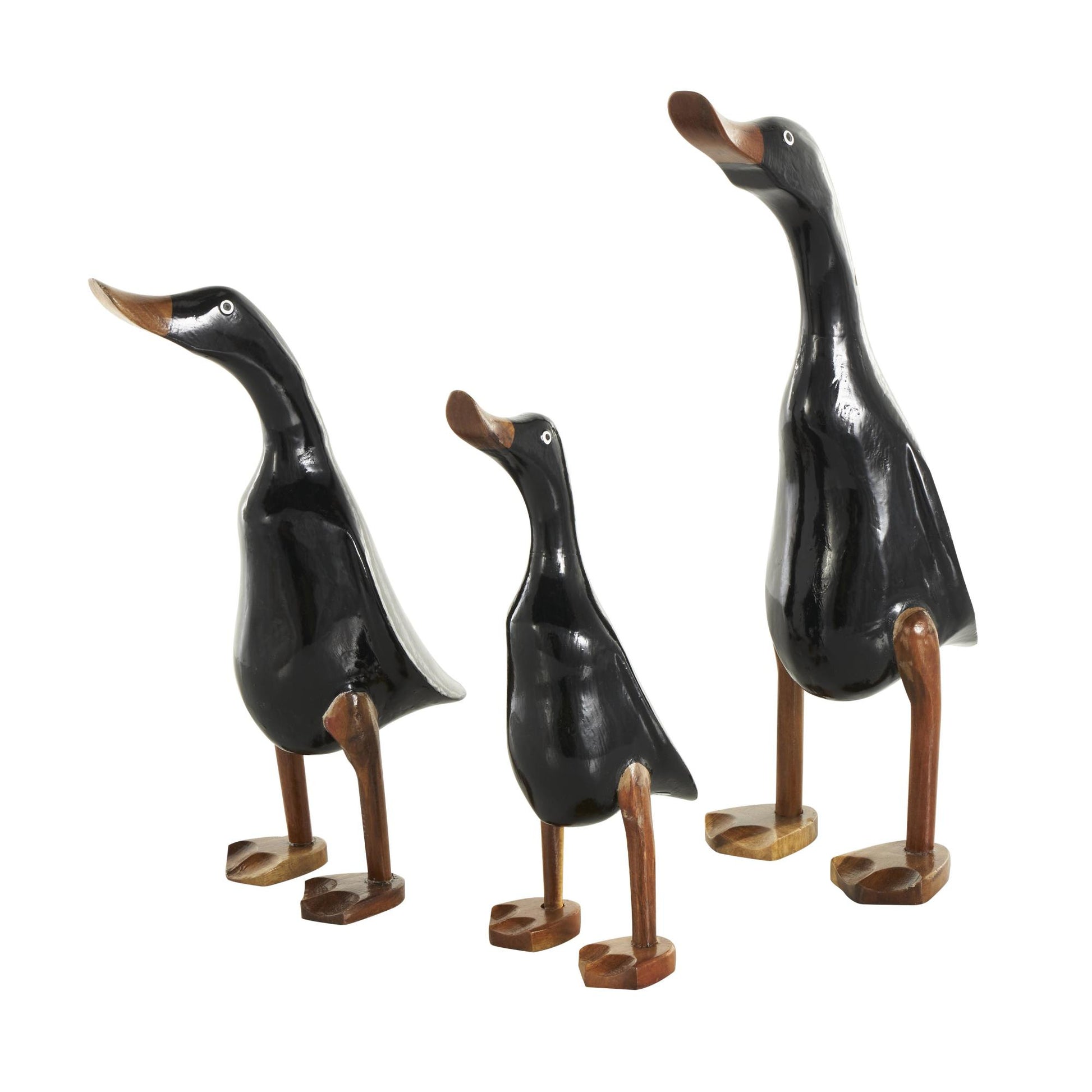 Set of 3 Duck Black Wood Decorative Sculpture with Brown Accents