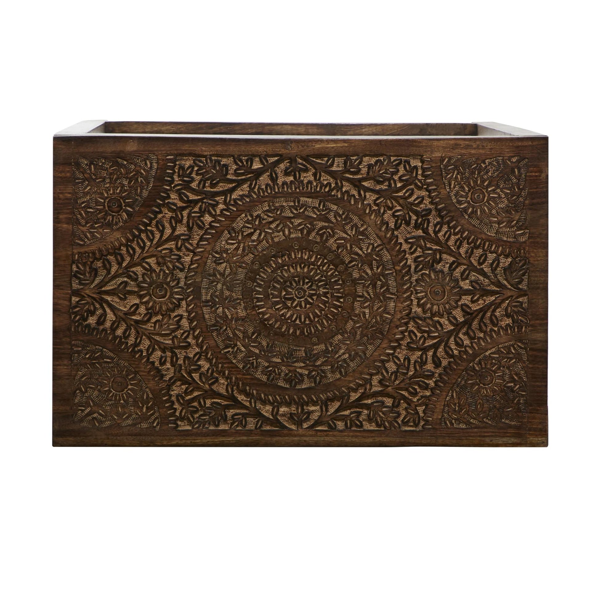 Set of 2 Floral Mango Wood Handmade Intricately Carved Side End Accent Table with Carved Tabletops