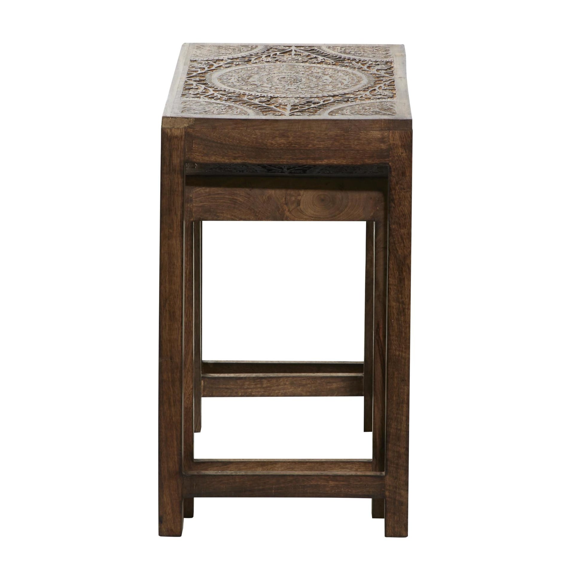 Set of 2 Floral Mango Wood Handmade Intricately Carved Side End Accent Table with Carved Tabletops