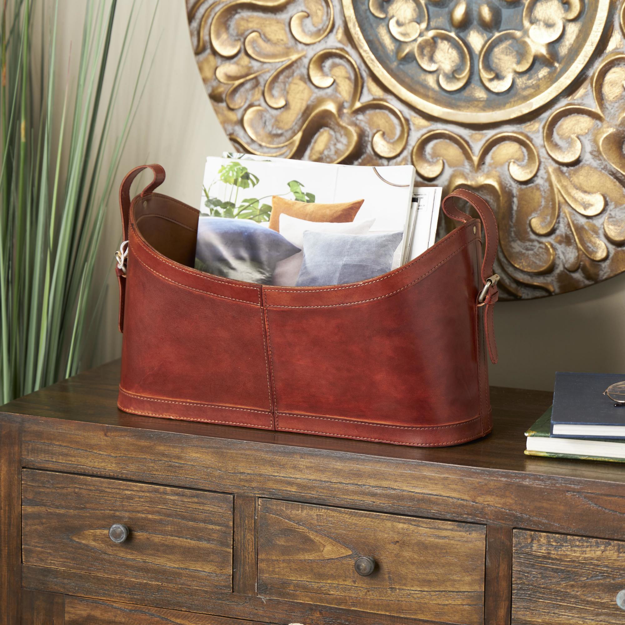 Brown Leather Handmade Curved Box Style Single Slot Decorative Magazine Holder with Buckle Handles