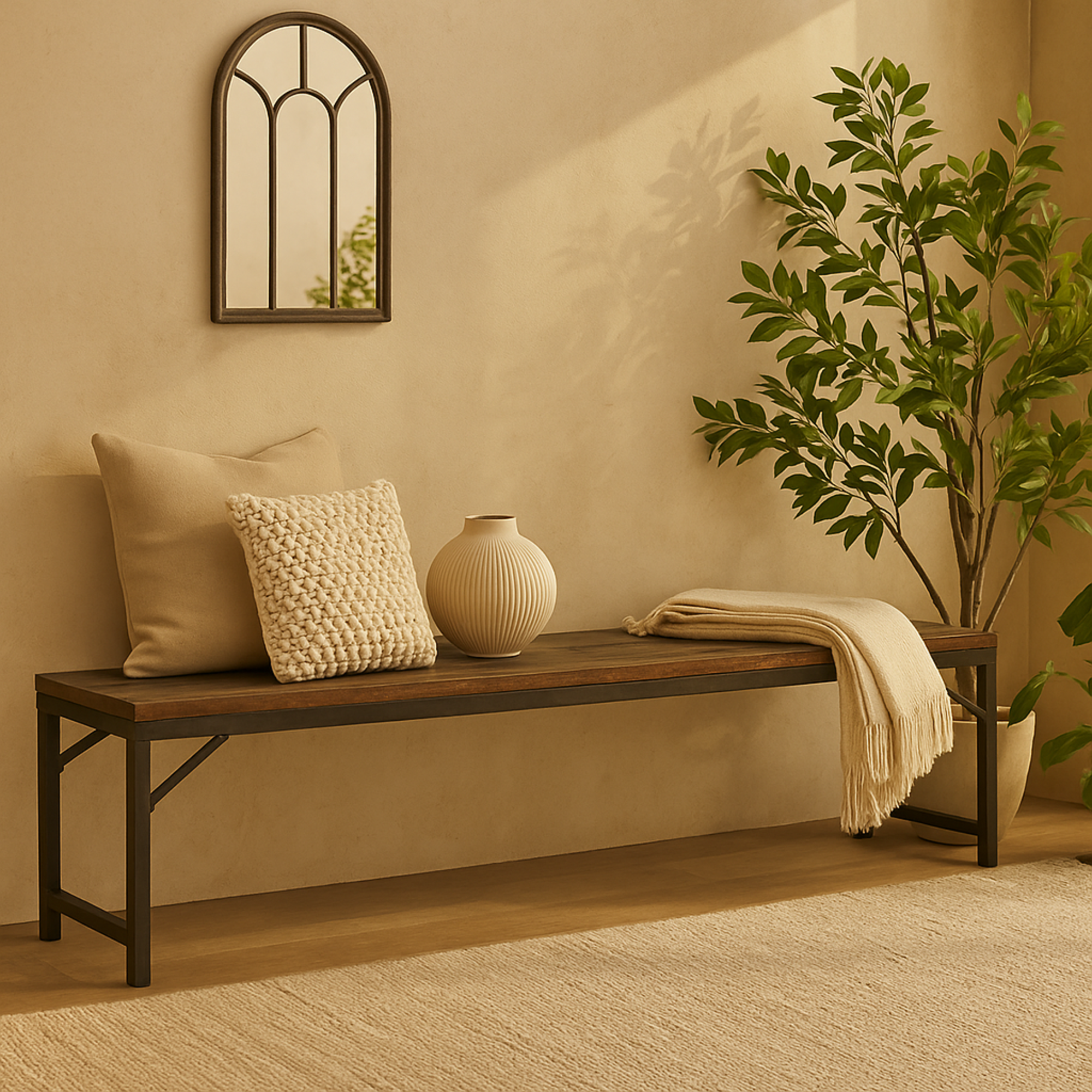 Dark Brown Teak Wood Long Home Bench with Black Metal Legs