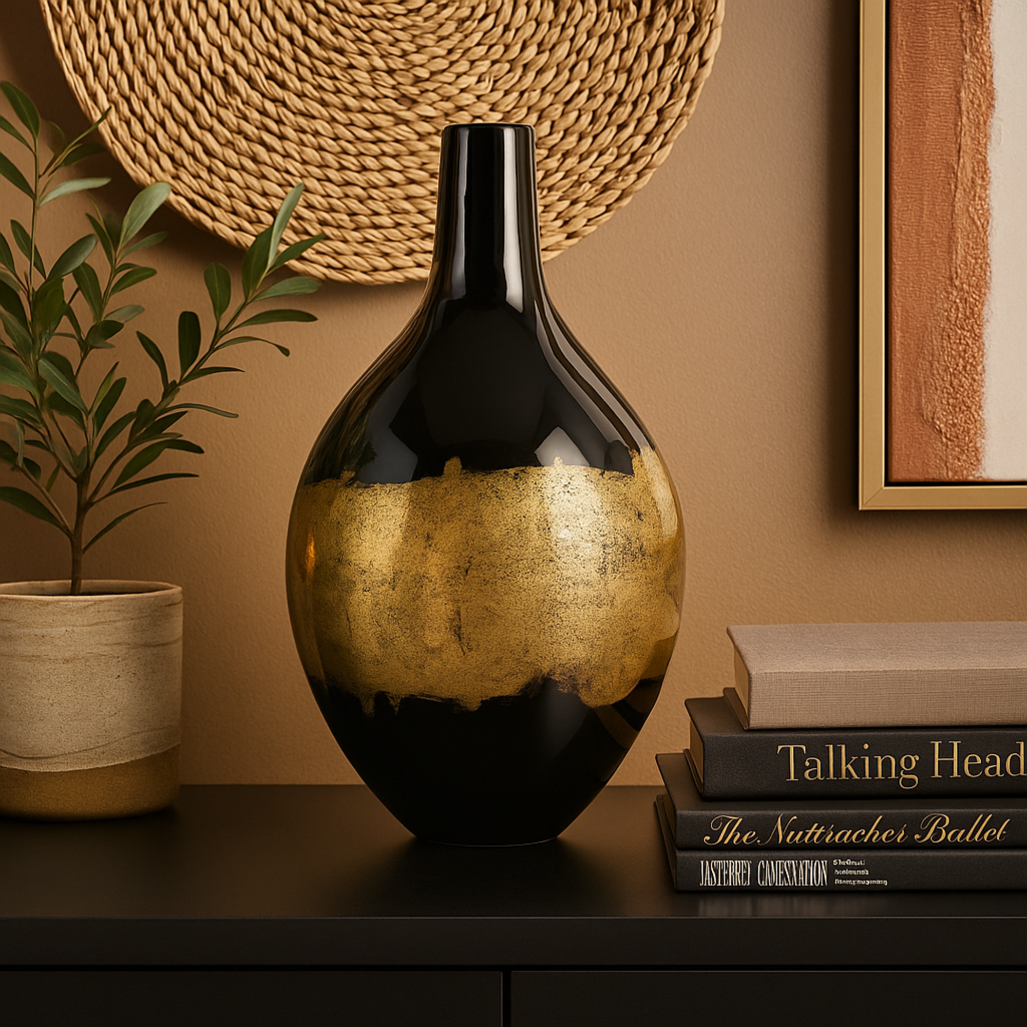 Black Metal Abstract Decorative Vase with Gold Detailing