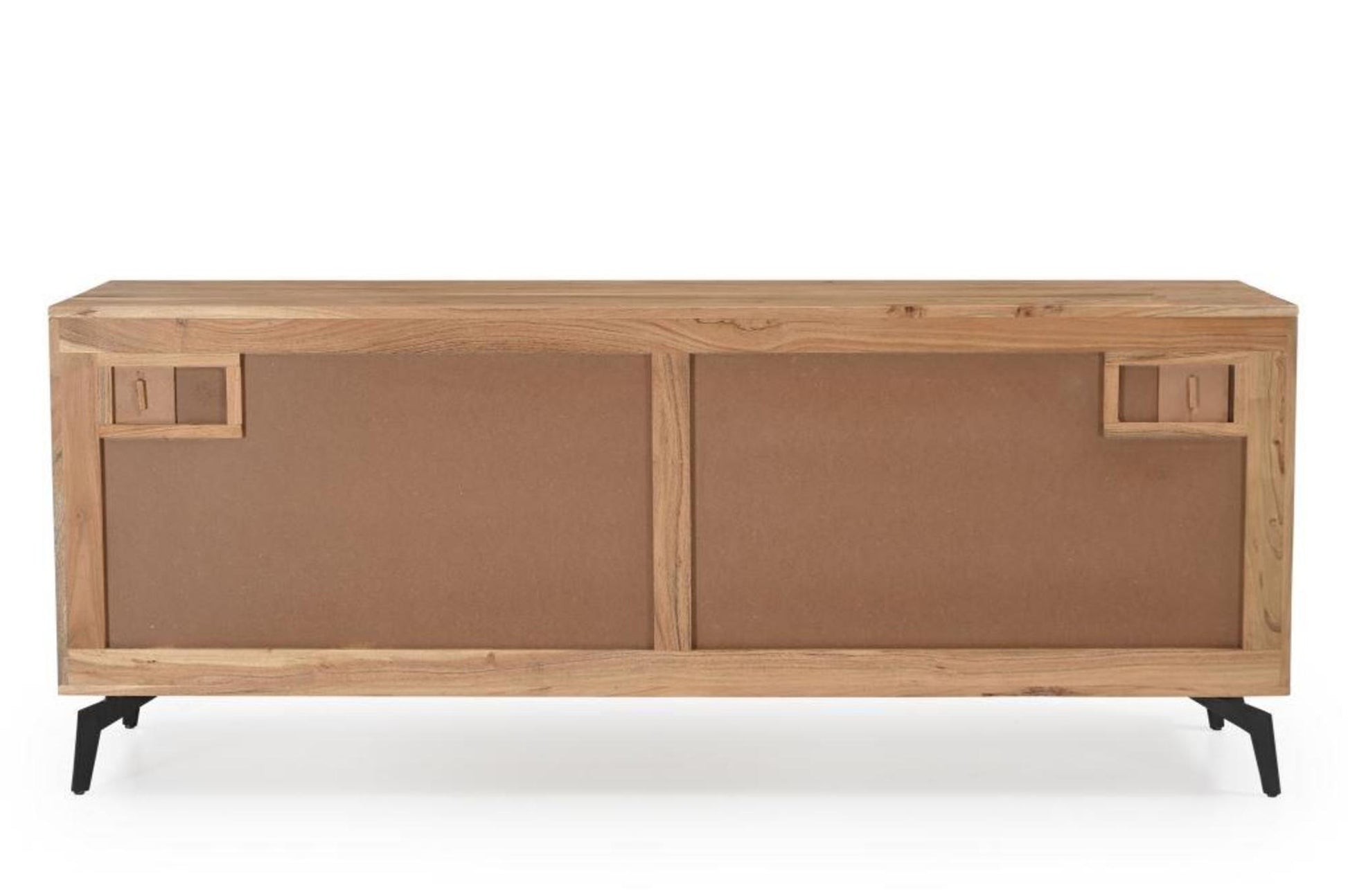 Brown Wood 4 Door Media Credenza Sideboard with White Marble Veneer Doors and Angled Black Legs