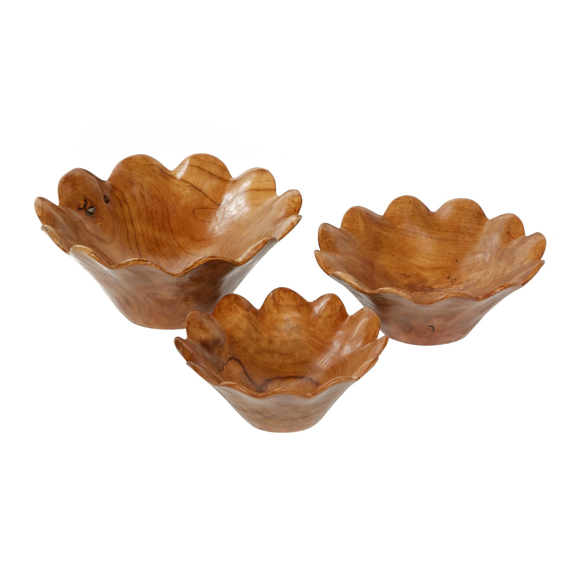 Set of 3 Floral Brown Teak Wood Handmade Large Decorative Bowl