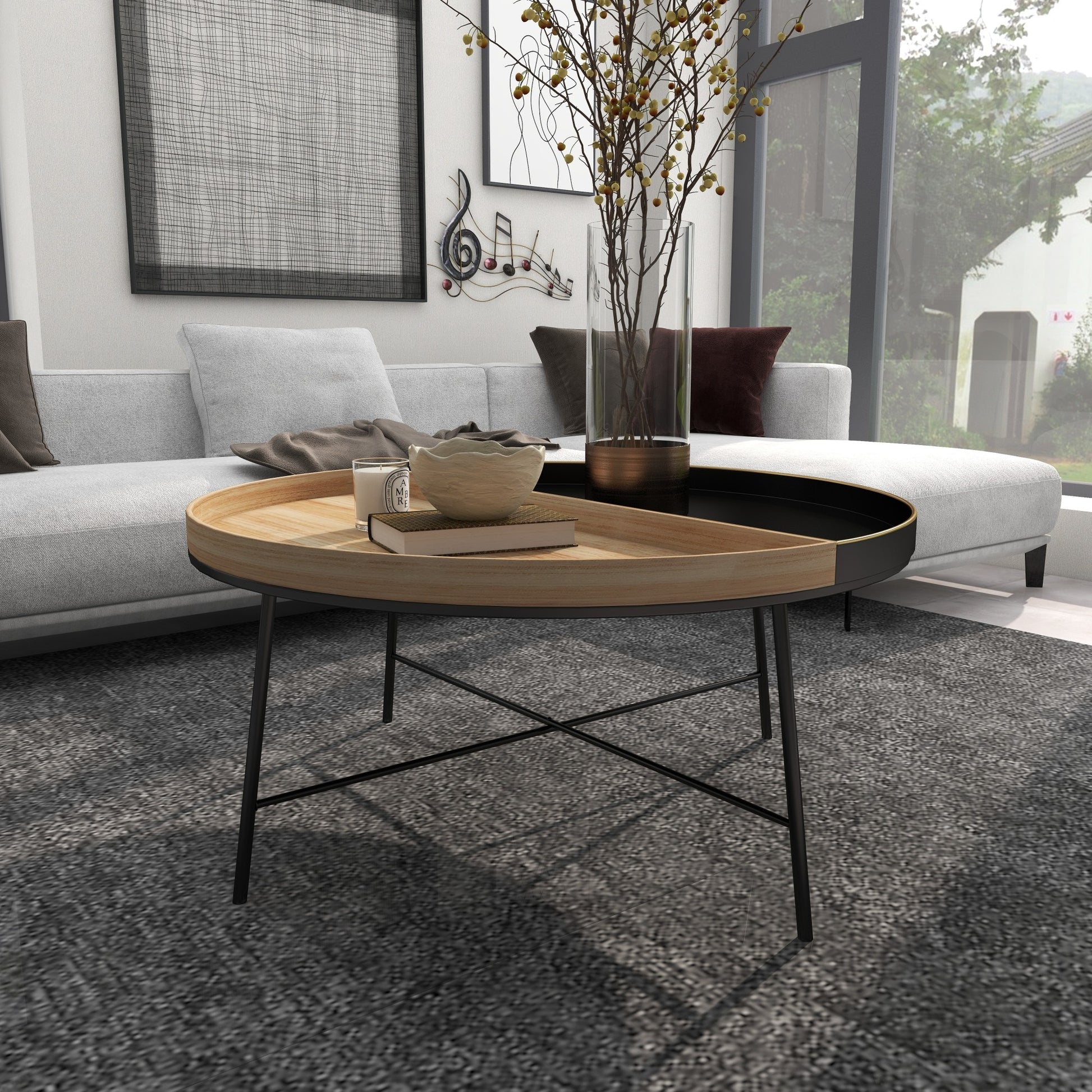 Black Metal Two-Toned Wood Split Tray Living Room Coffee Table