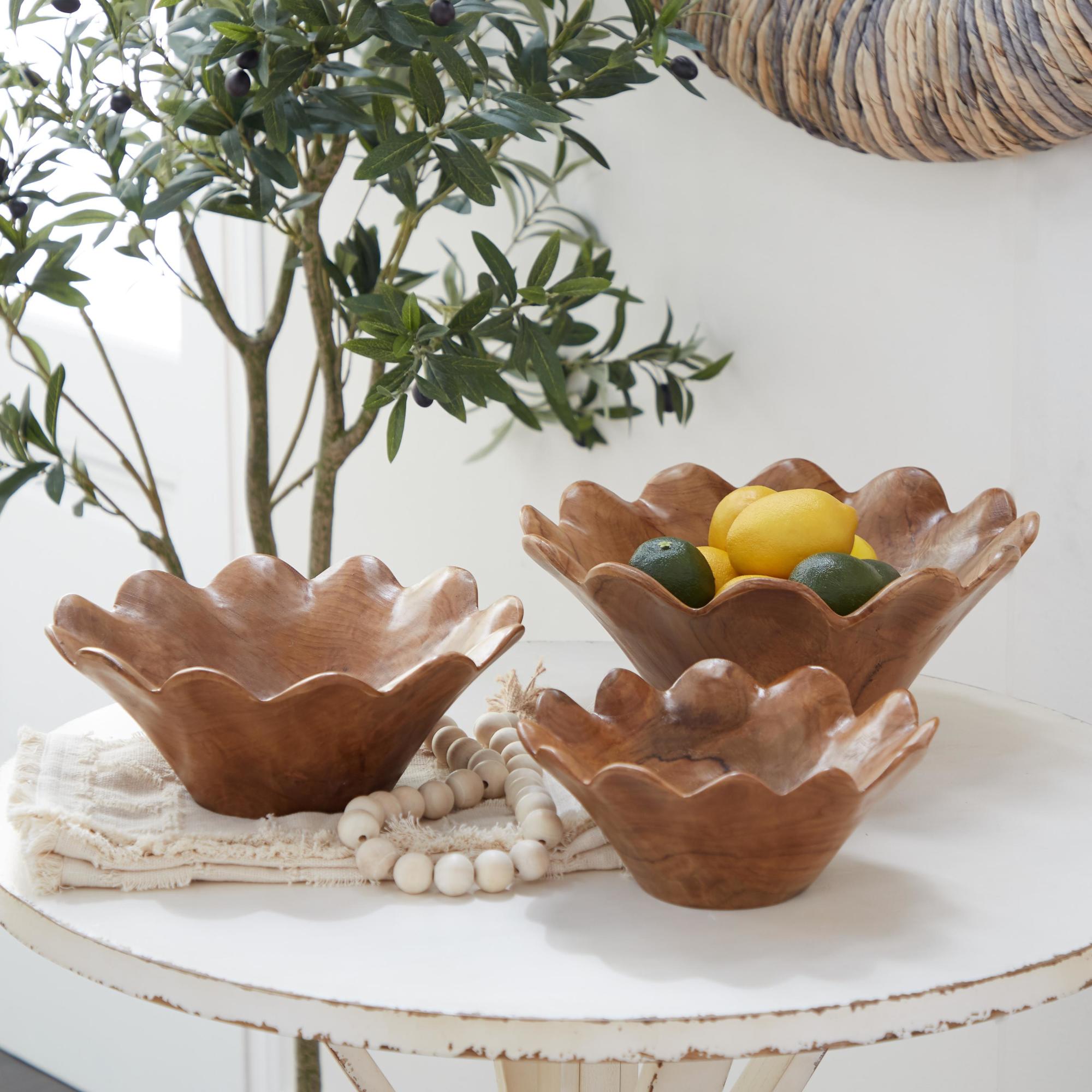 Set of 3 Floral Brown Teak Wood Handmade Large Decorative Bowl