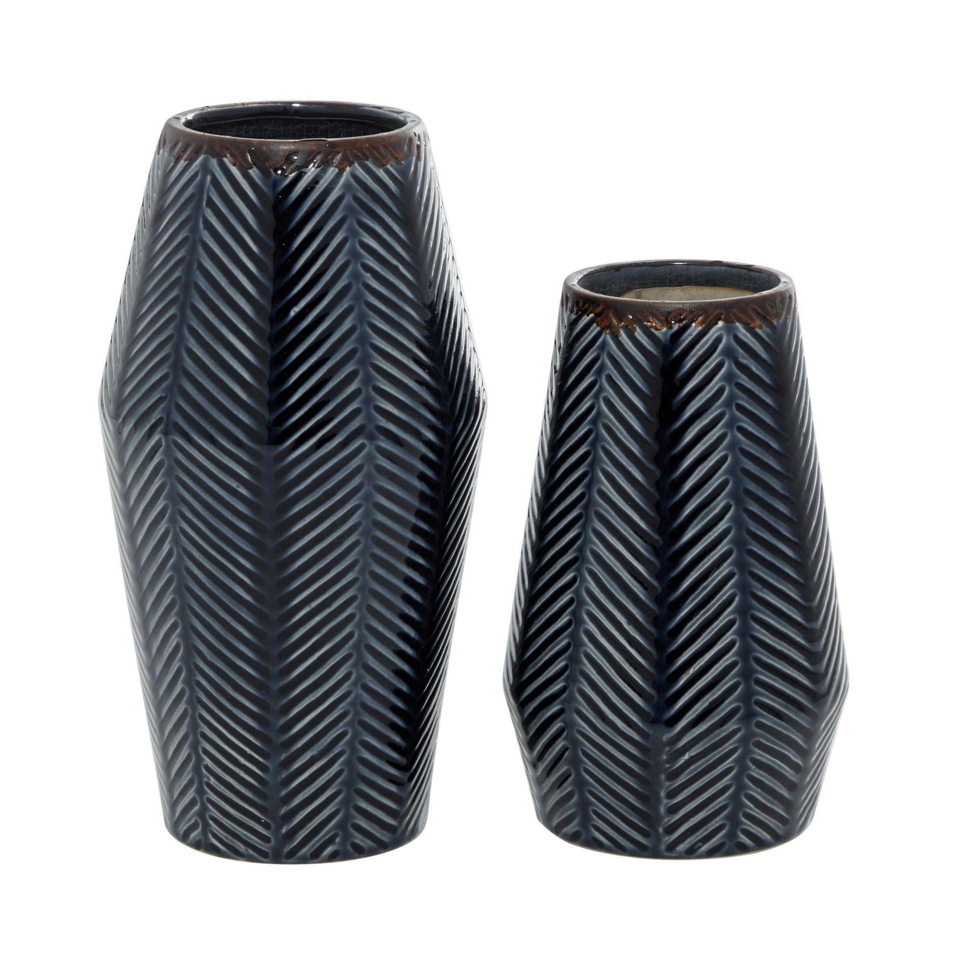 Set of 2 Dark Blue Ceramic Handmade Chevron Decorative Vase