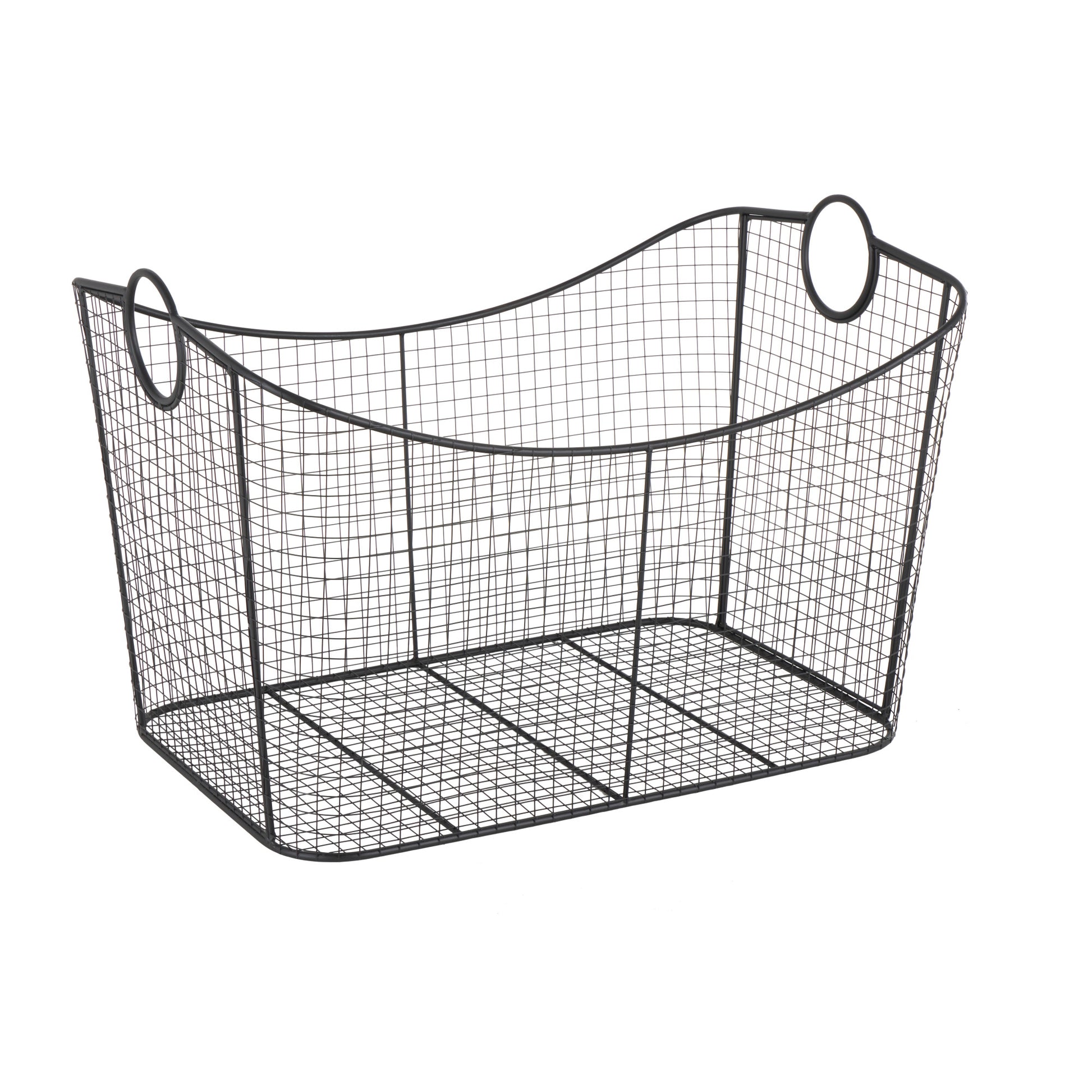 Geometric Metal Wire Grid Decorative and Functional Storage Basket with Curved Sides and Ring Handles