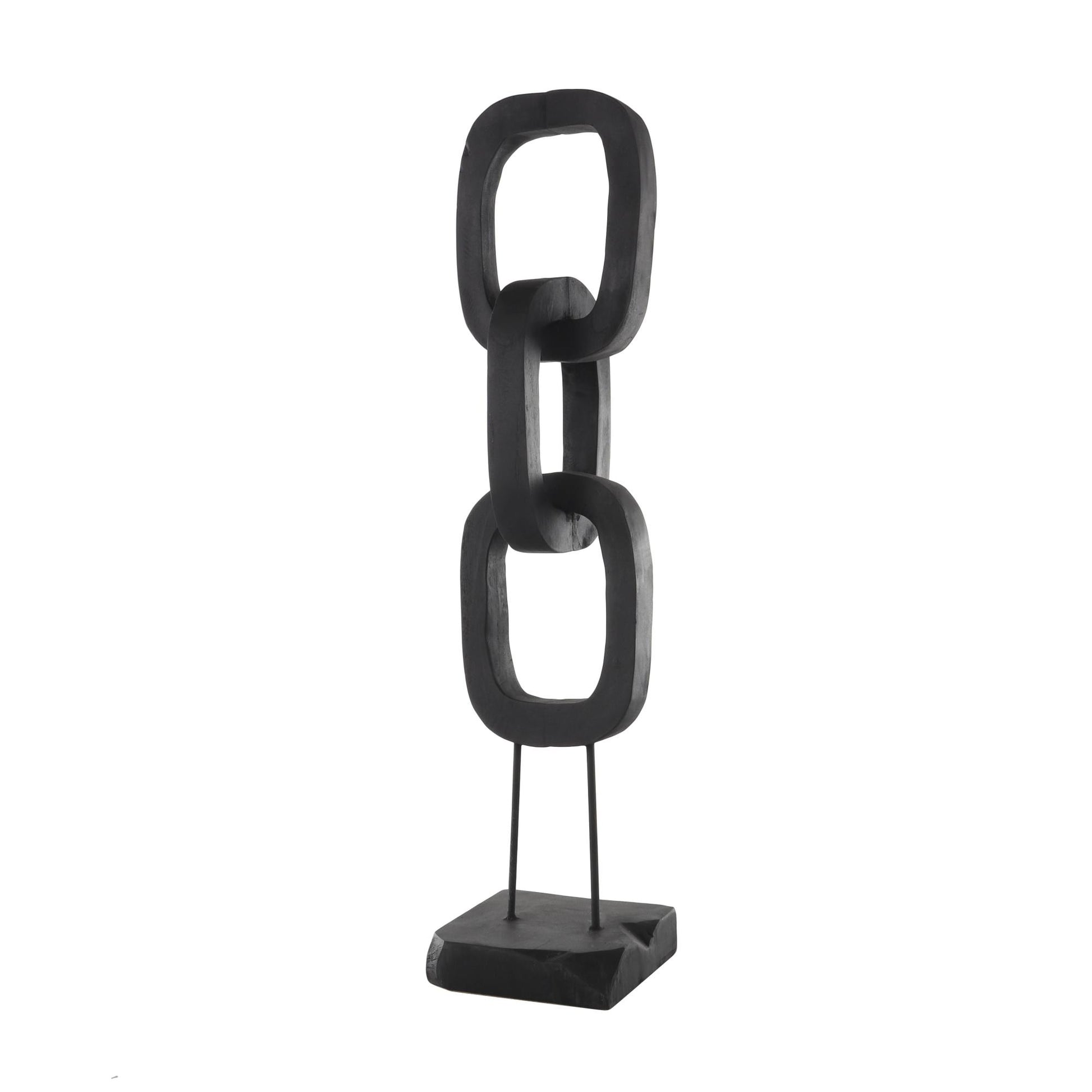 Chain Black Teak Wood Tall 3 Link Decorative Sculpture with Stand