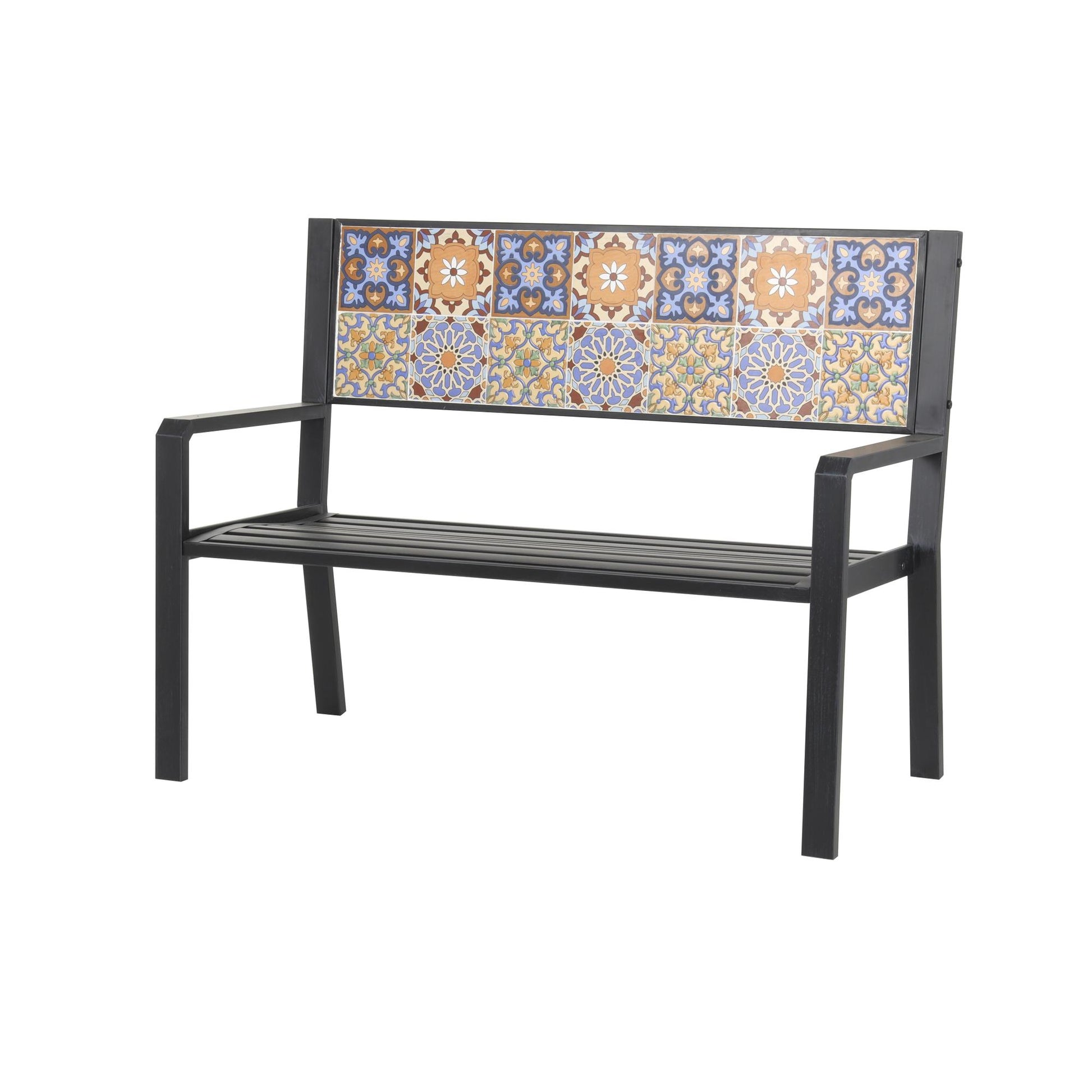 Metal Mosaic Floral and Scroll Patio Outdoor Bench with Orange and Blue Patterns 47" x 22" x 36"