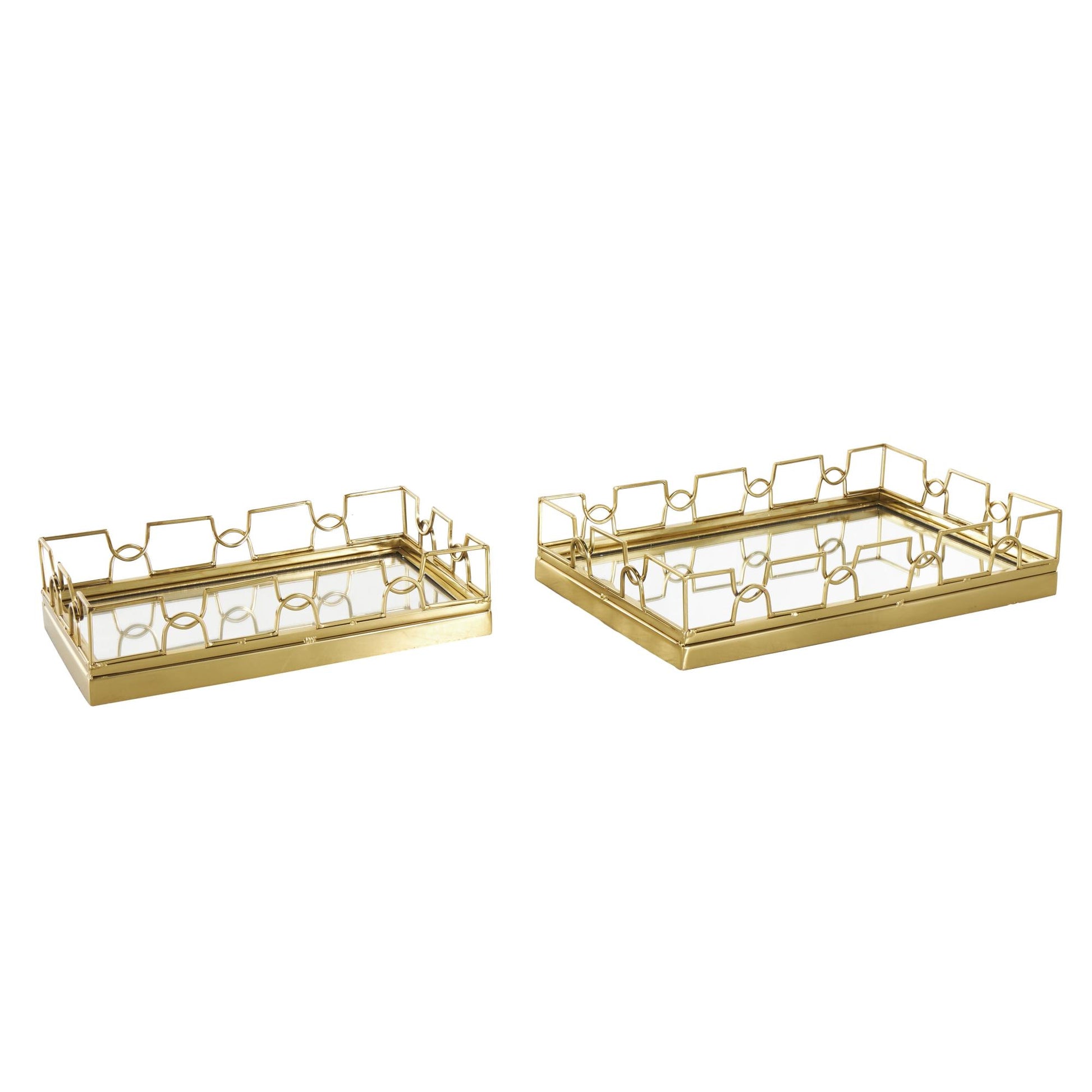 Set of 2 Geometric Gold Stainless Steel Metal Mirrored Living Room Decor Tray with Wire Rod Frame