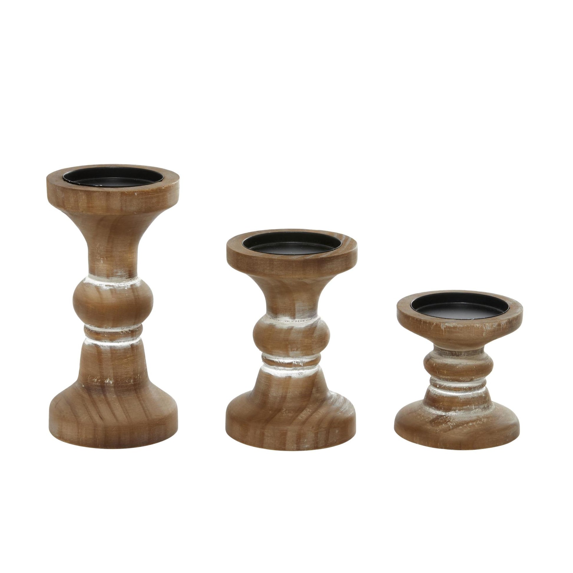 Set of 3 Wood Short Distressed Turned Decorative Candle Holder