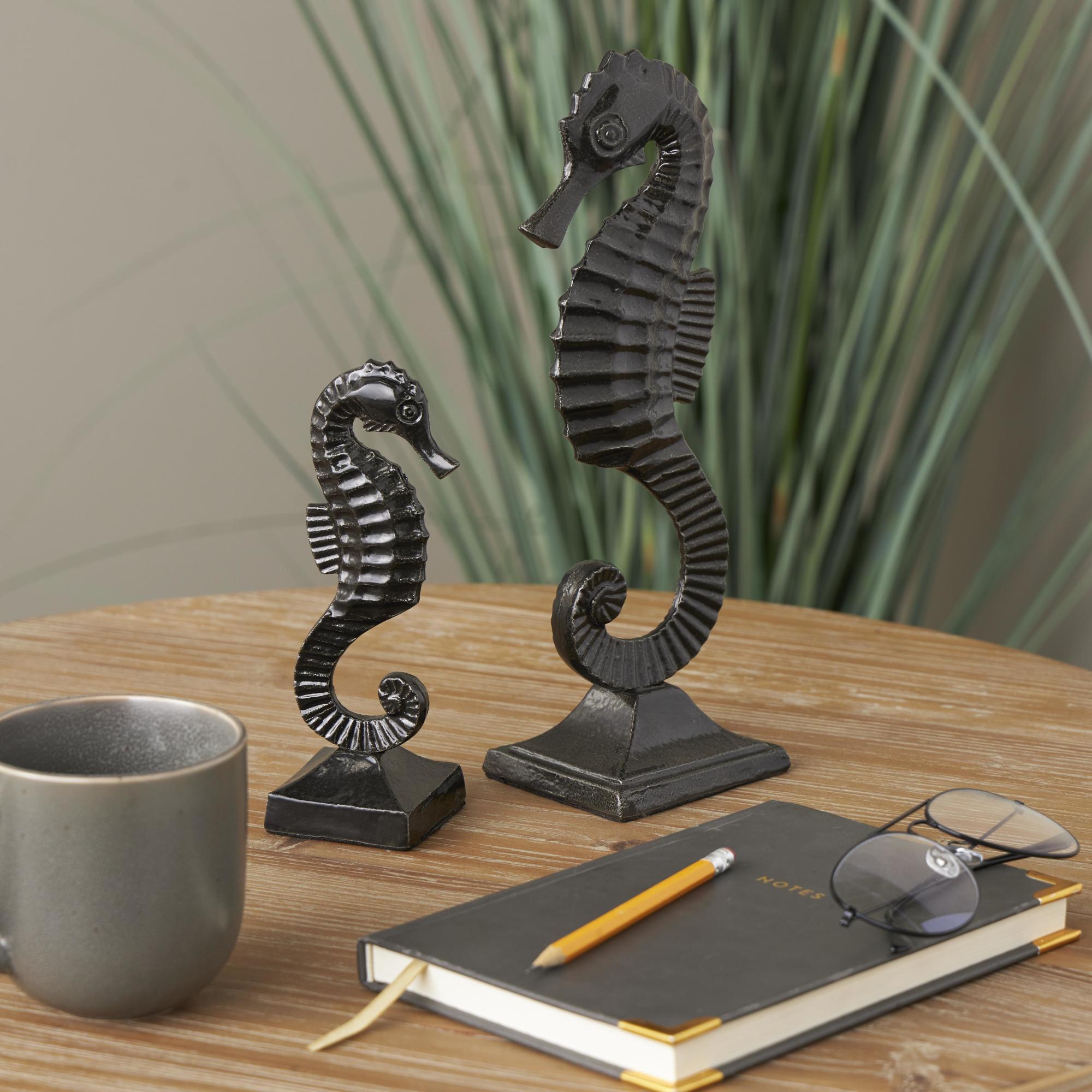 Set of 2 Sea Horse Black Aluminum Metal Decorative Sculpture with Square Bases