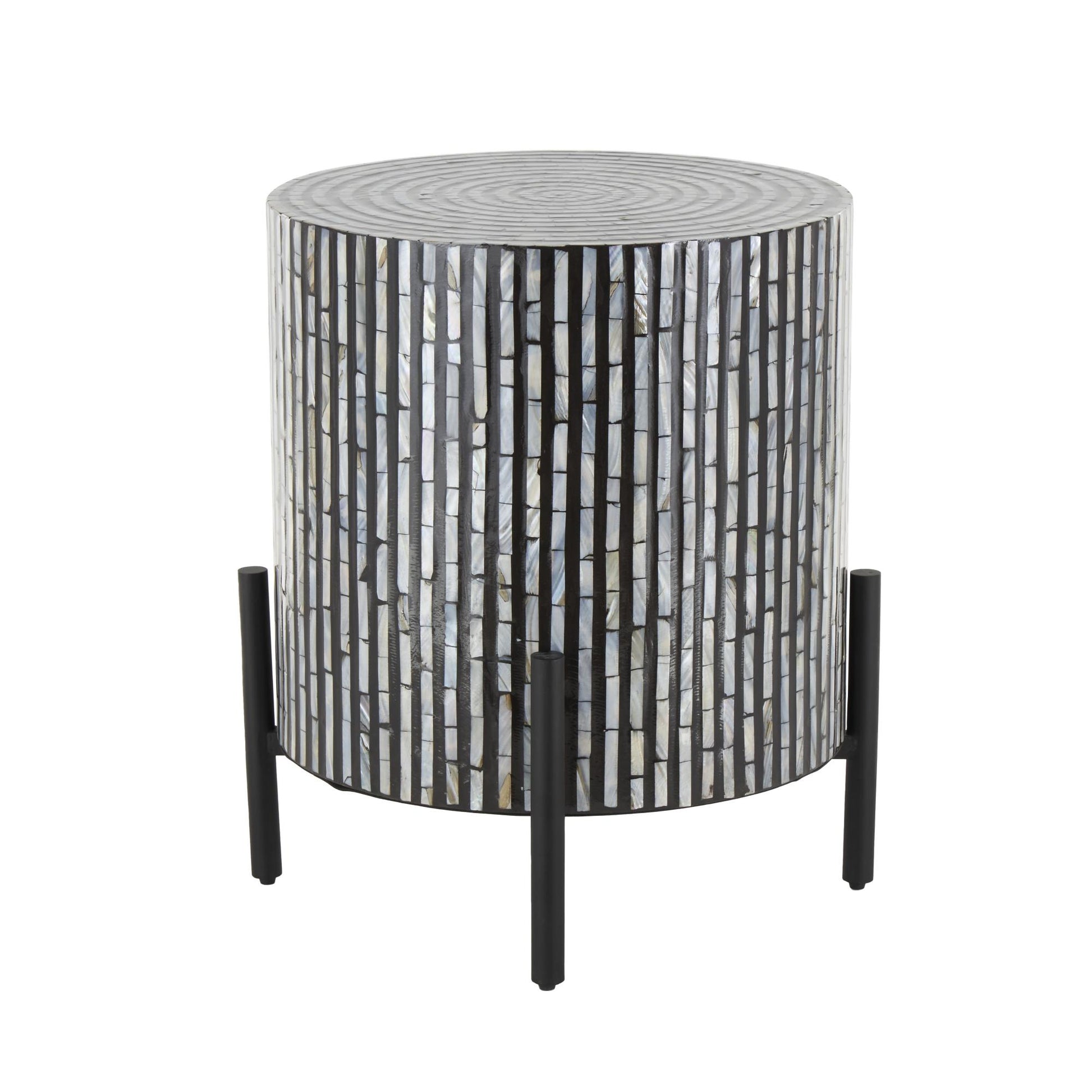 Geometric Mother of Pearl Shell Handmade Inlay Side End Accent Table with Black Legs 18" x 18" x 22"