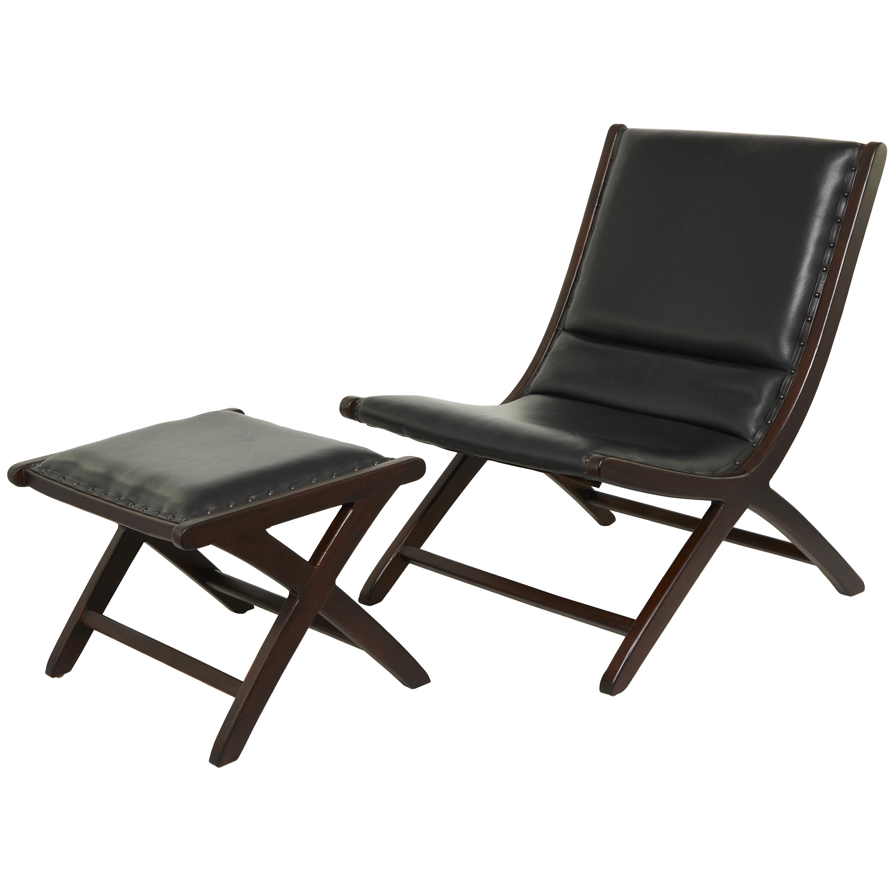 Teak Wood Handmade Upholstered Leather Accent Chair with Ottoman