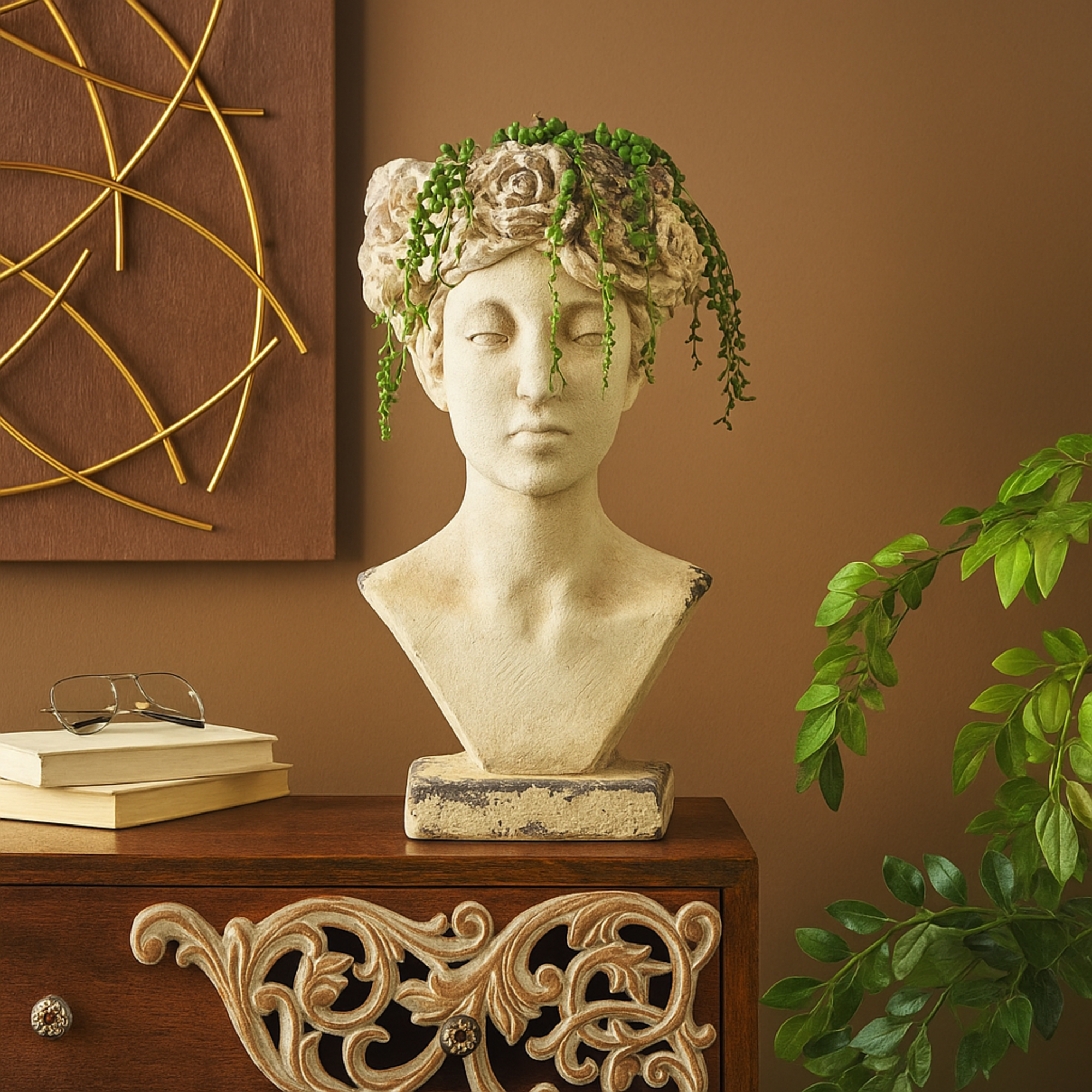 Woman Cream Magnesium Oxide Distressed Antique Greek Bust Indoor Outdoor Planter with Floral Accents
