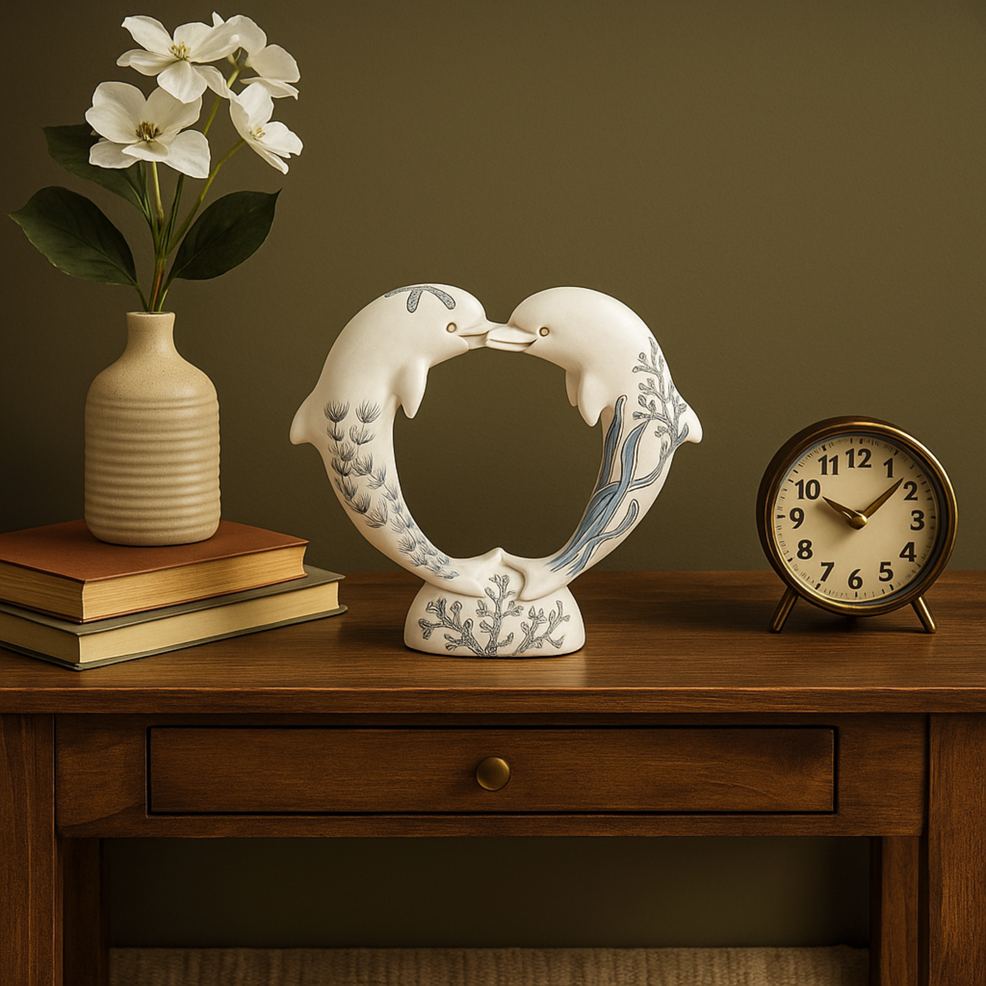 Dolphin White Polystone Heart Shaped Decorative Sculpture with Blue Coral Patterns