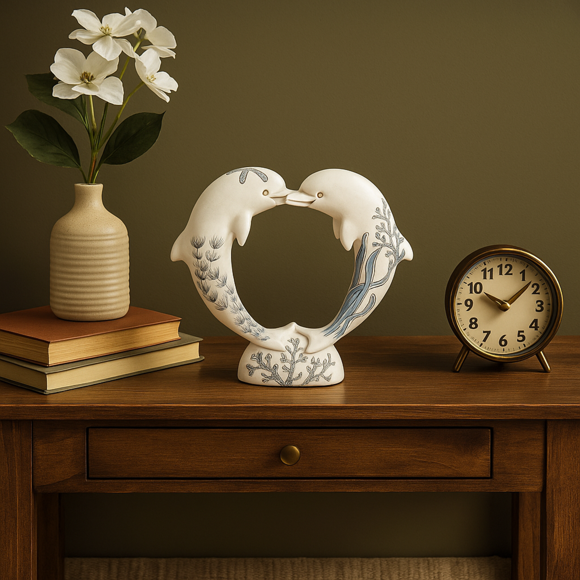 Dolphin White Polystone Heart Shaped Decorative Sculpture with Blue Coral Patterns
