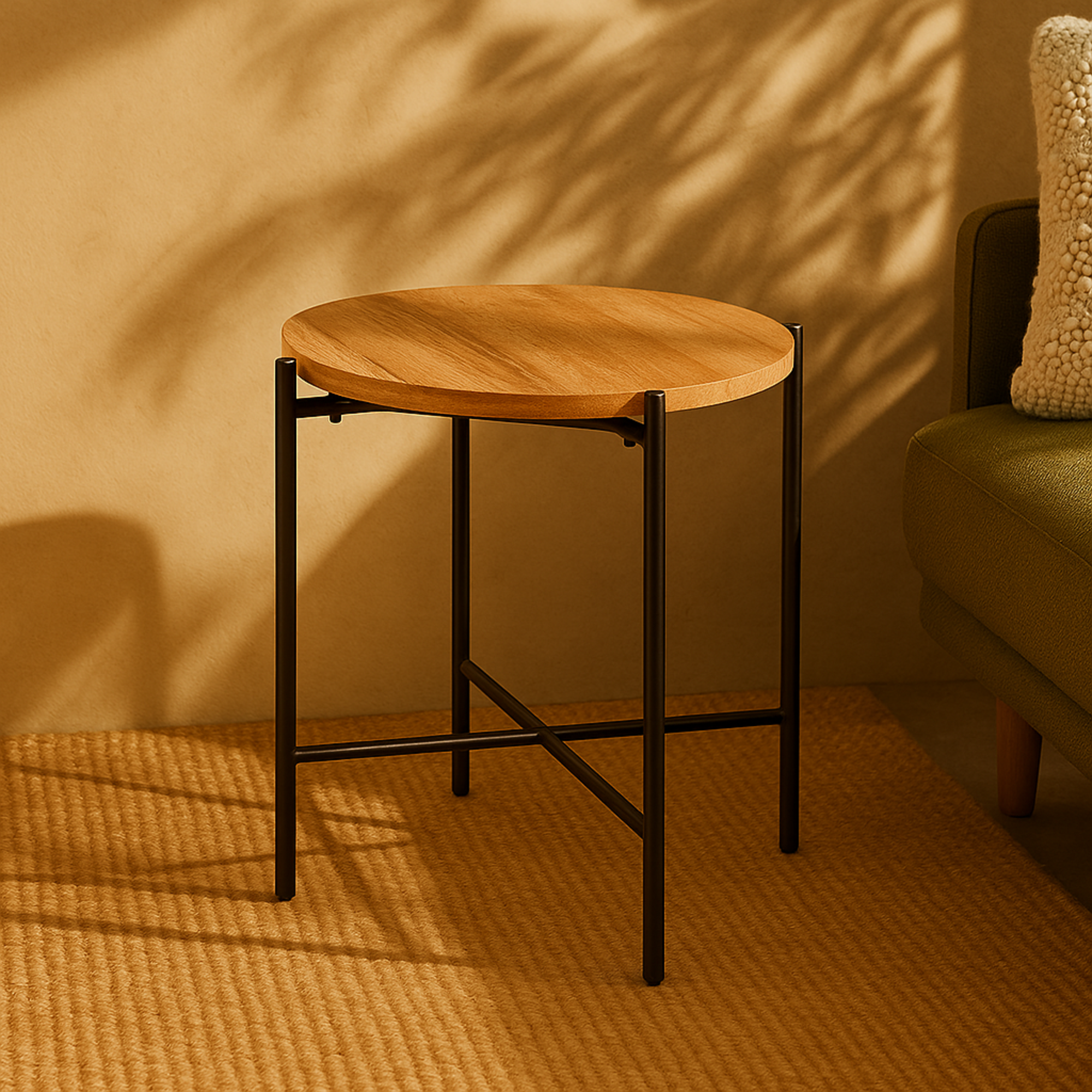 Beige Marble Round Side End Accent Table with Black Metal Support