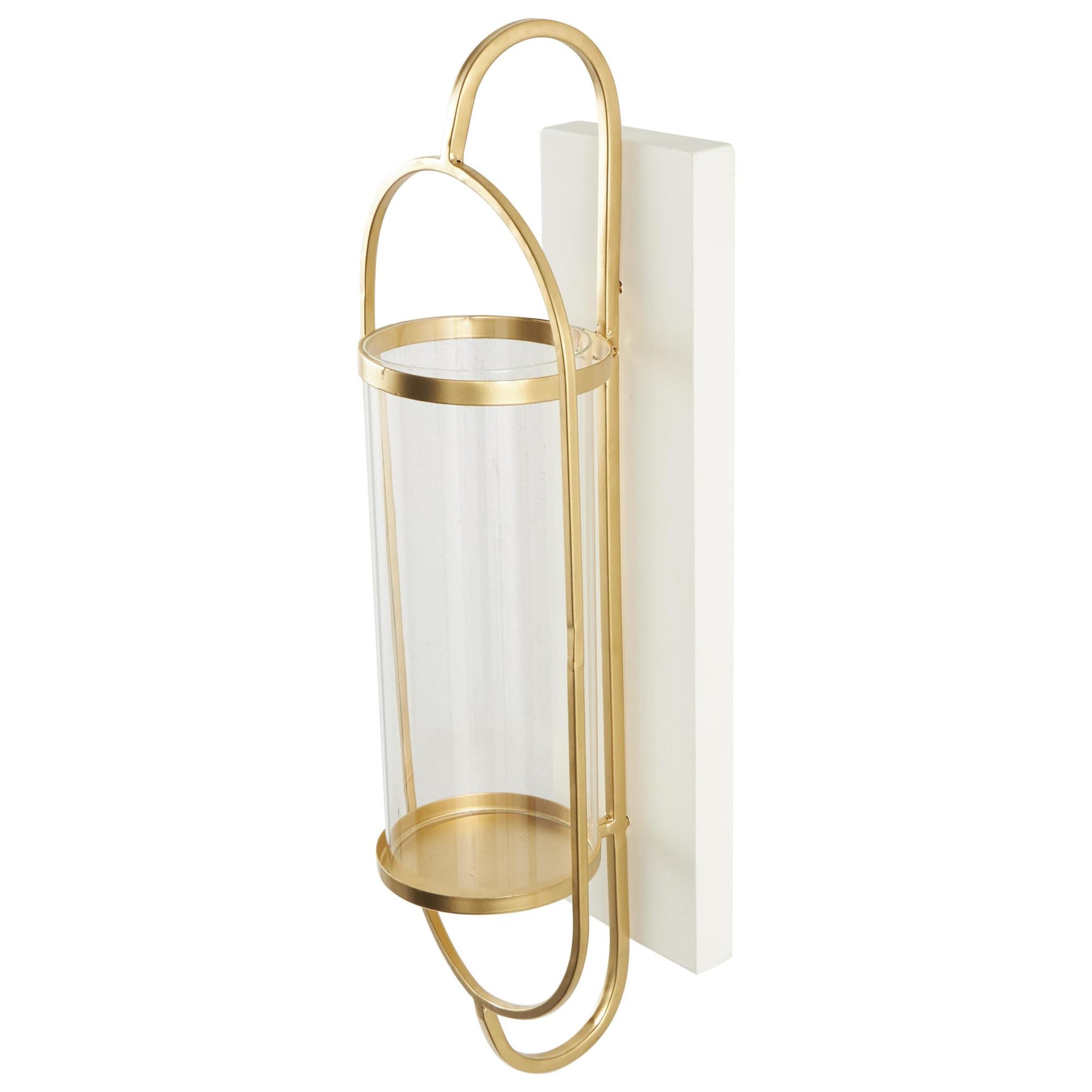 Gold Metal Oval Indoor Outdoor Wall Sconce with White Wood Backing