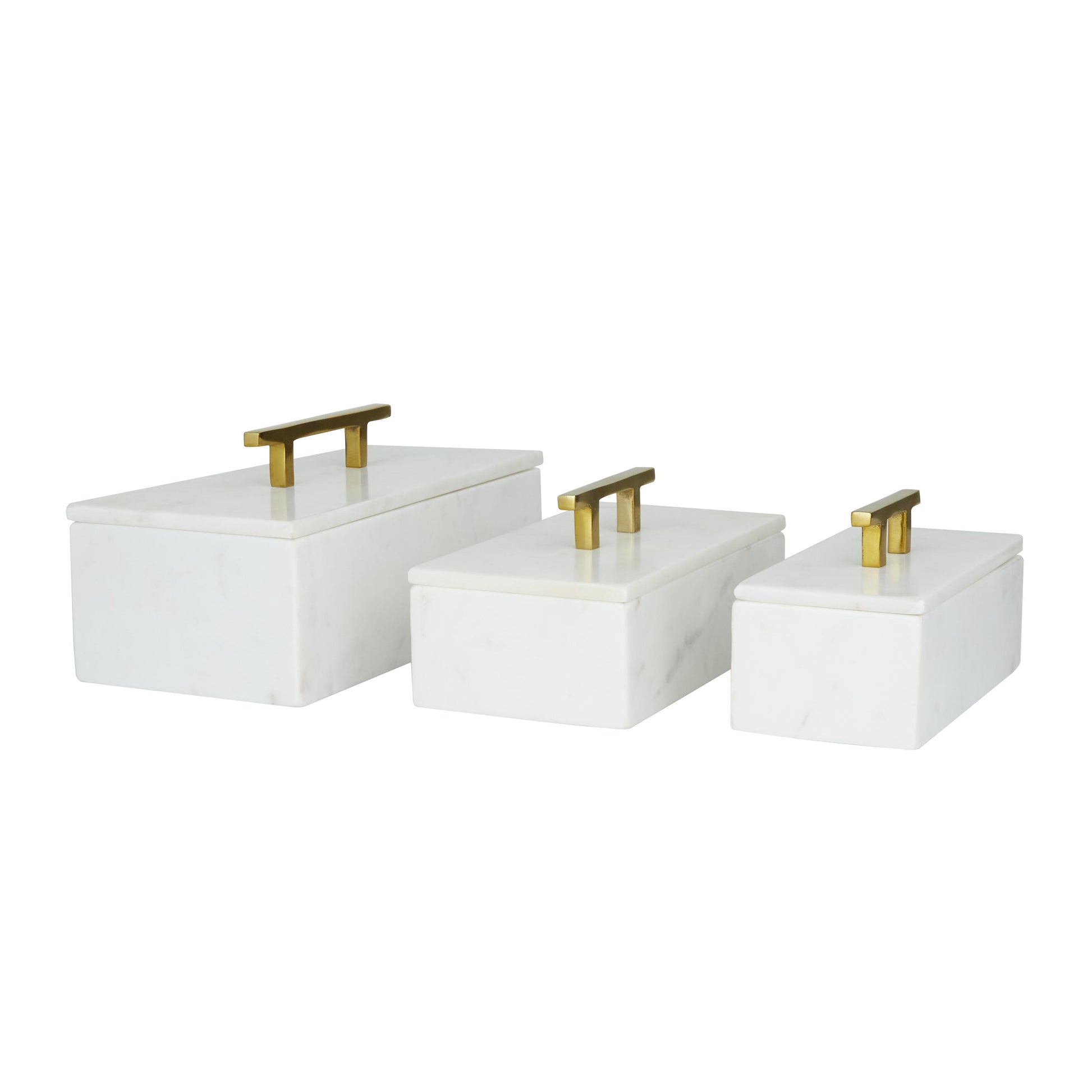 Set of 3 Marble Decorative Box with Aluminum Bar Handles Set of 3 12", 10", 8"W