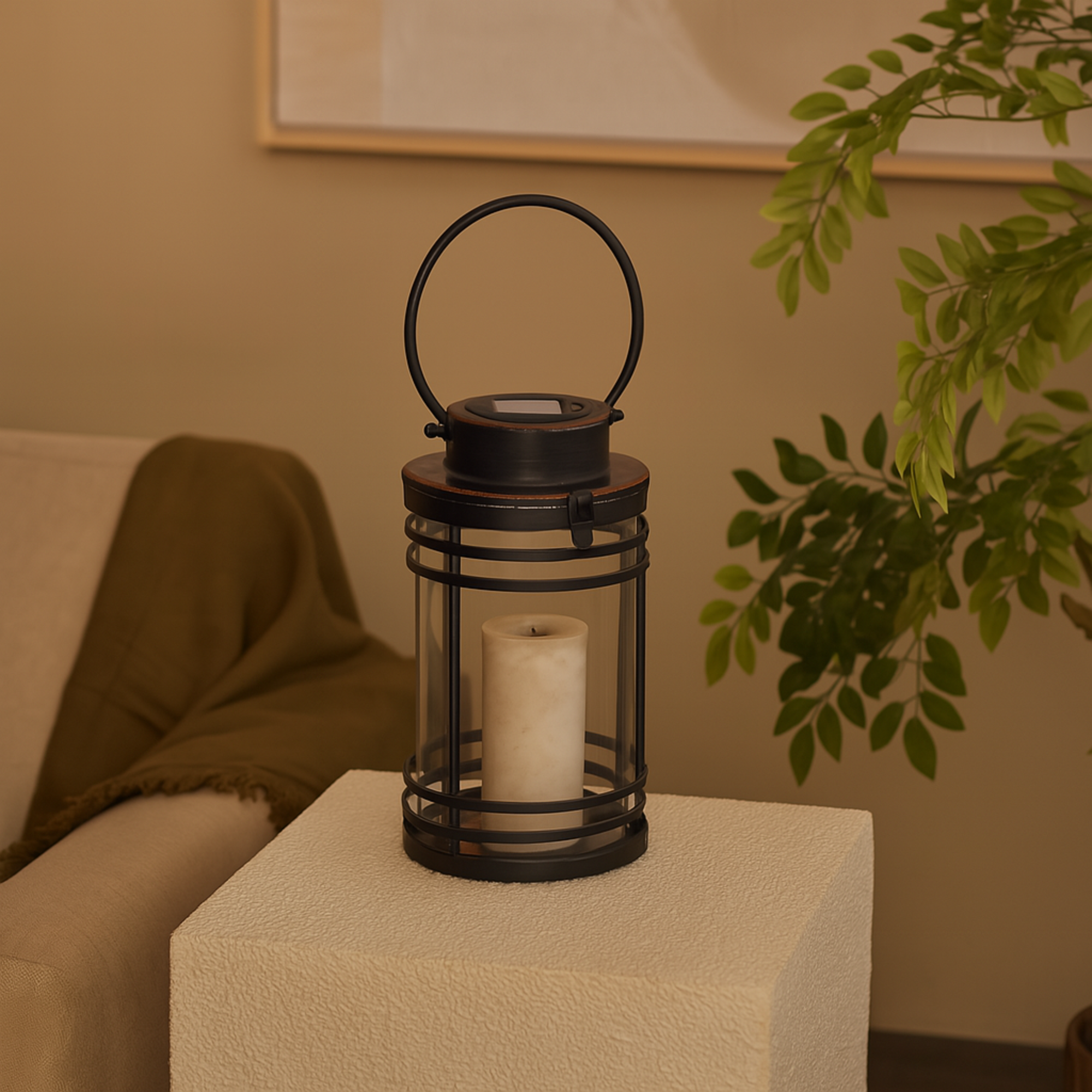 Black Metal Indoor Outdoor Candle Lantern with Round Circle Lines