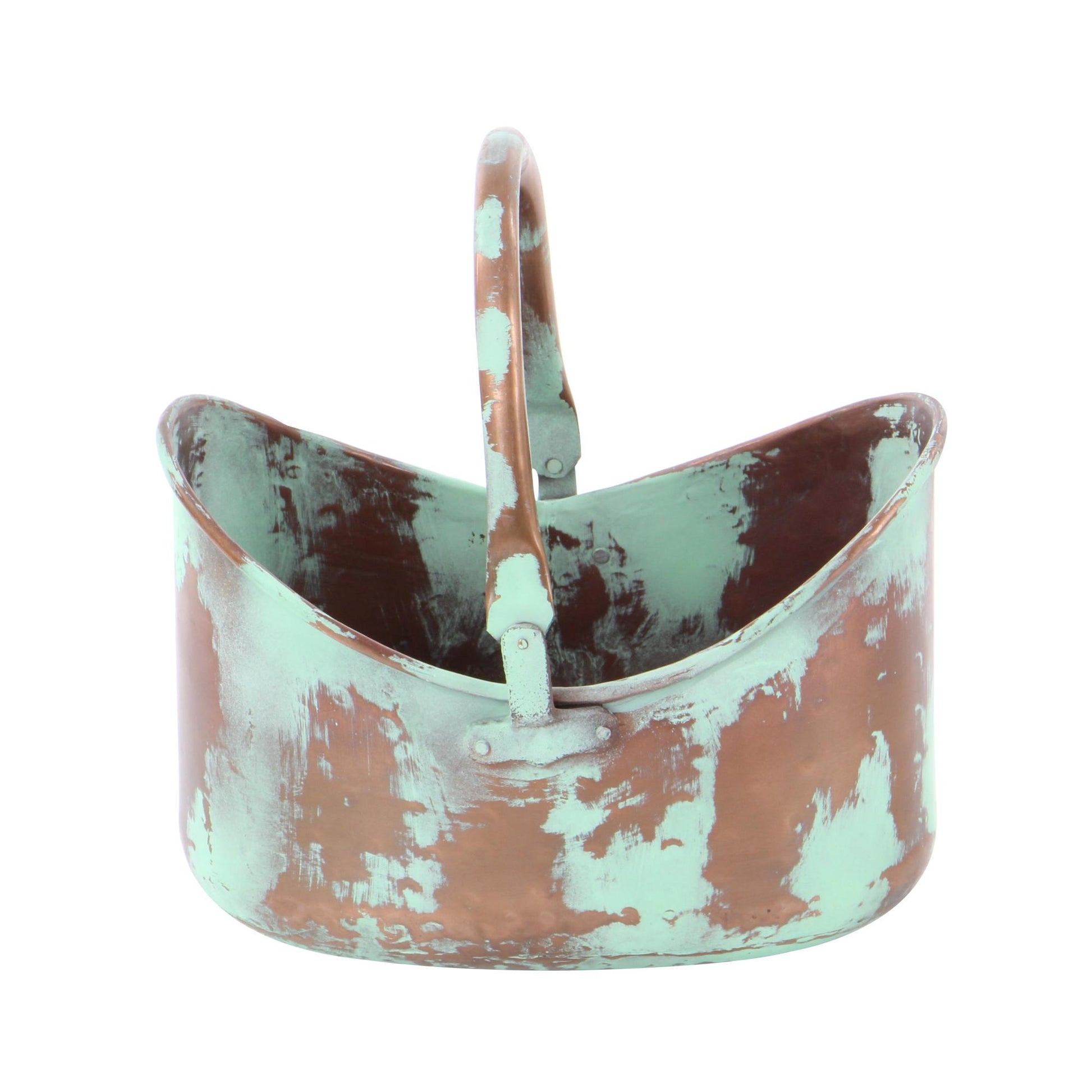 Set of 3 Copper Metal Patina Tulip Style Bucket Indoor Outdoor Planter with Stationary Handles