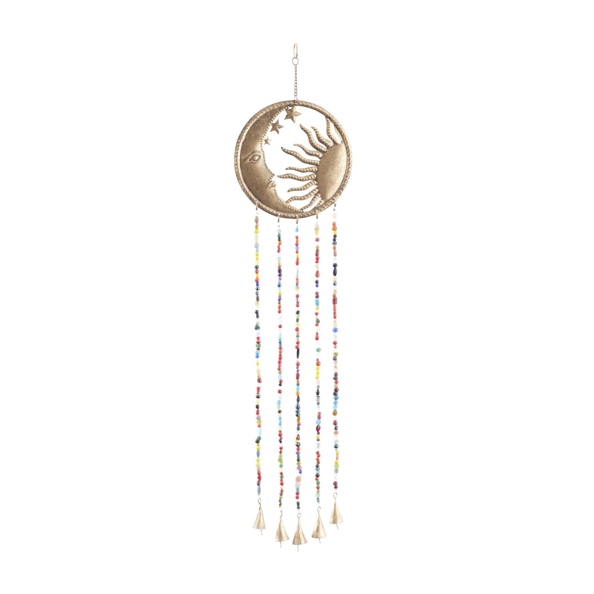 Sun and Moon Brass Metal Handmade Indoor Outdoor Windchime with Glass Beads and Bells