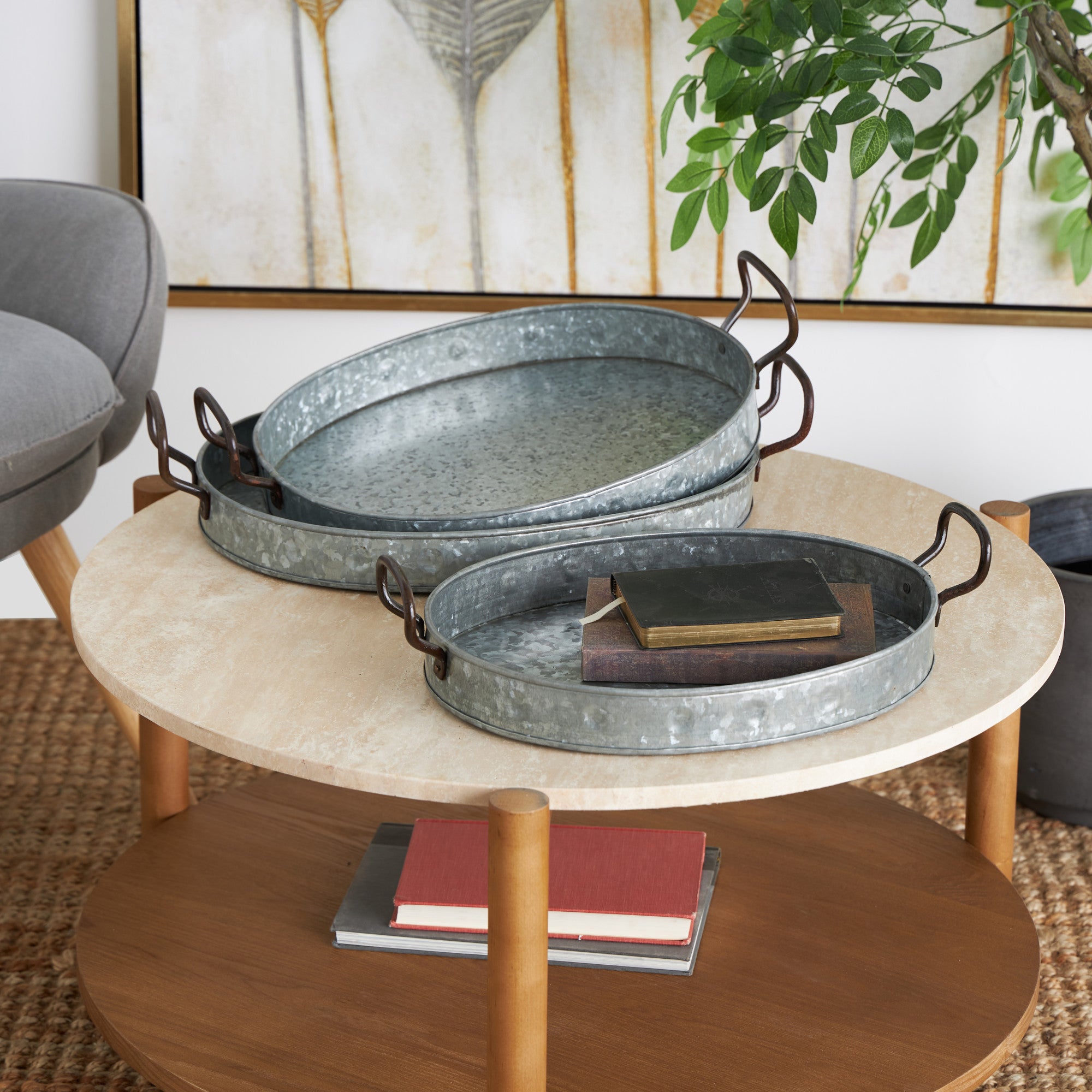 Set of 3 Gray Metal Galvanized Oval Living Room Decor Tray with Rust Handles