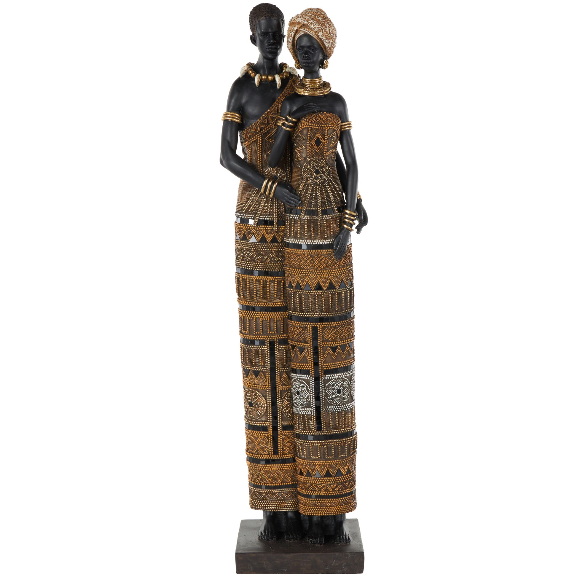 Family Black Resin Tall African Decorative Sculpture with Gold Jewels