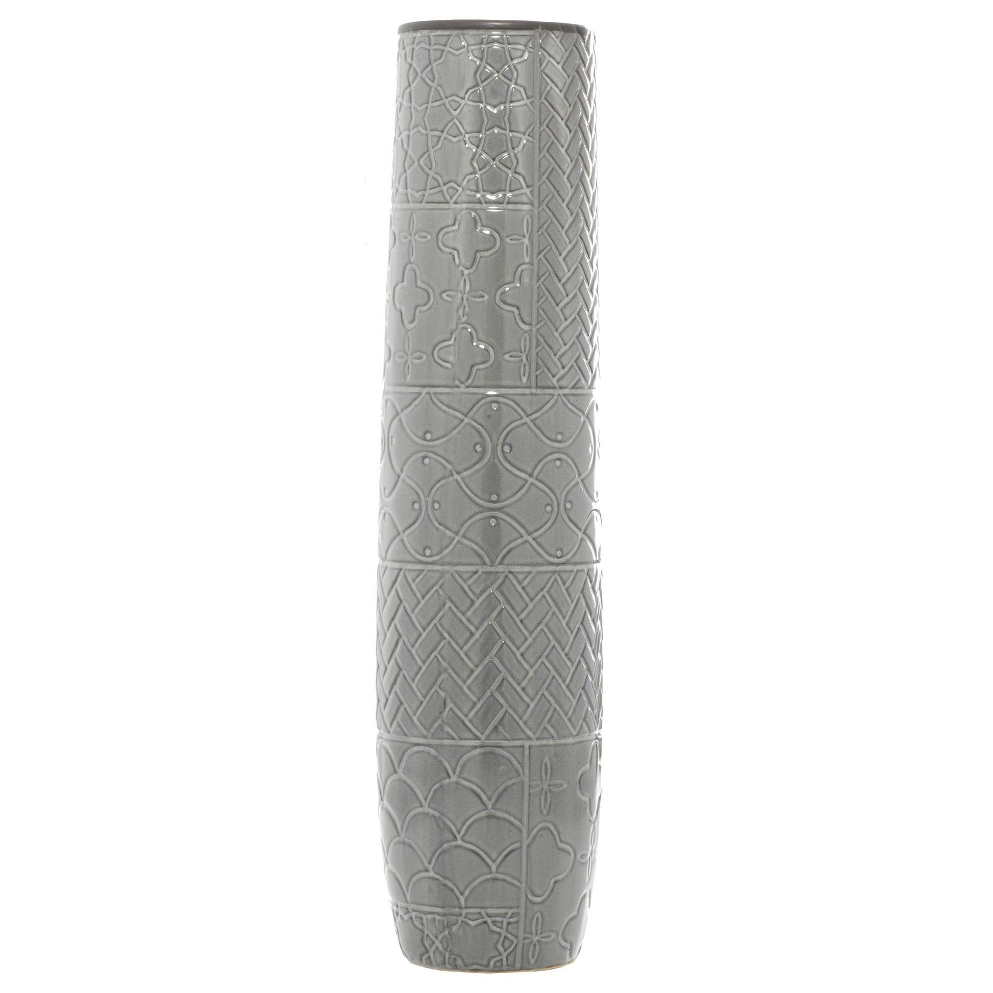Gray Ceramic Slim Engraved Patterned Decorative Vase with Varying Patterns