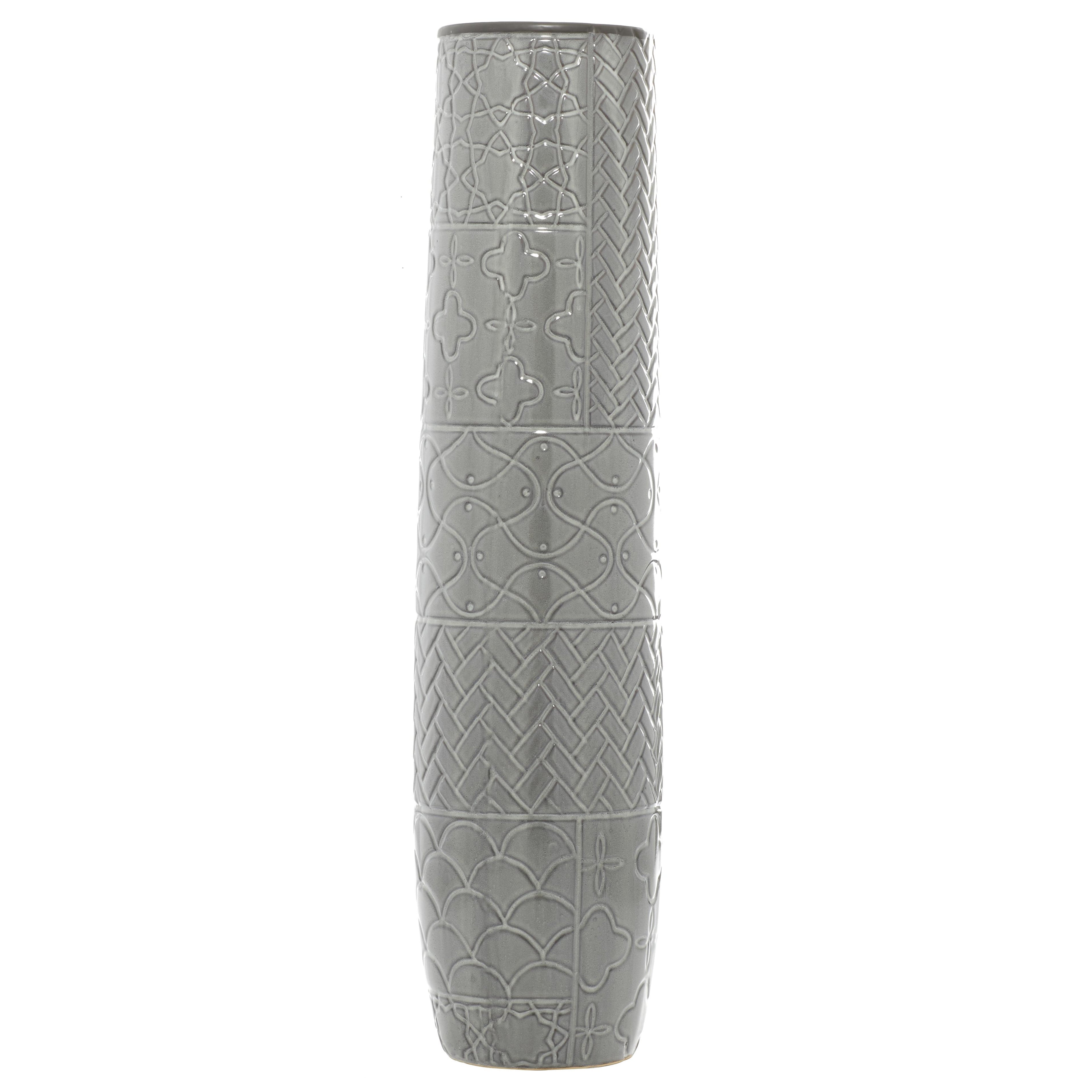 Gray Ceramic Slim Engraved Patterned Decorative Vase with Varying Patterns