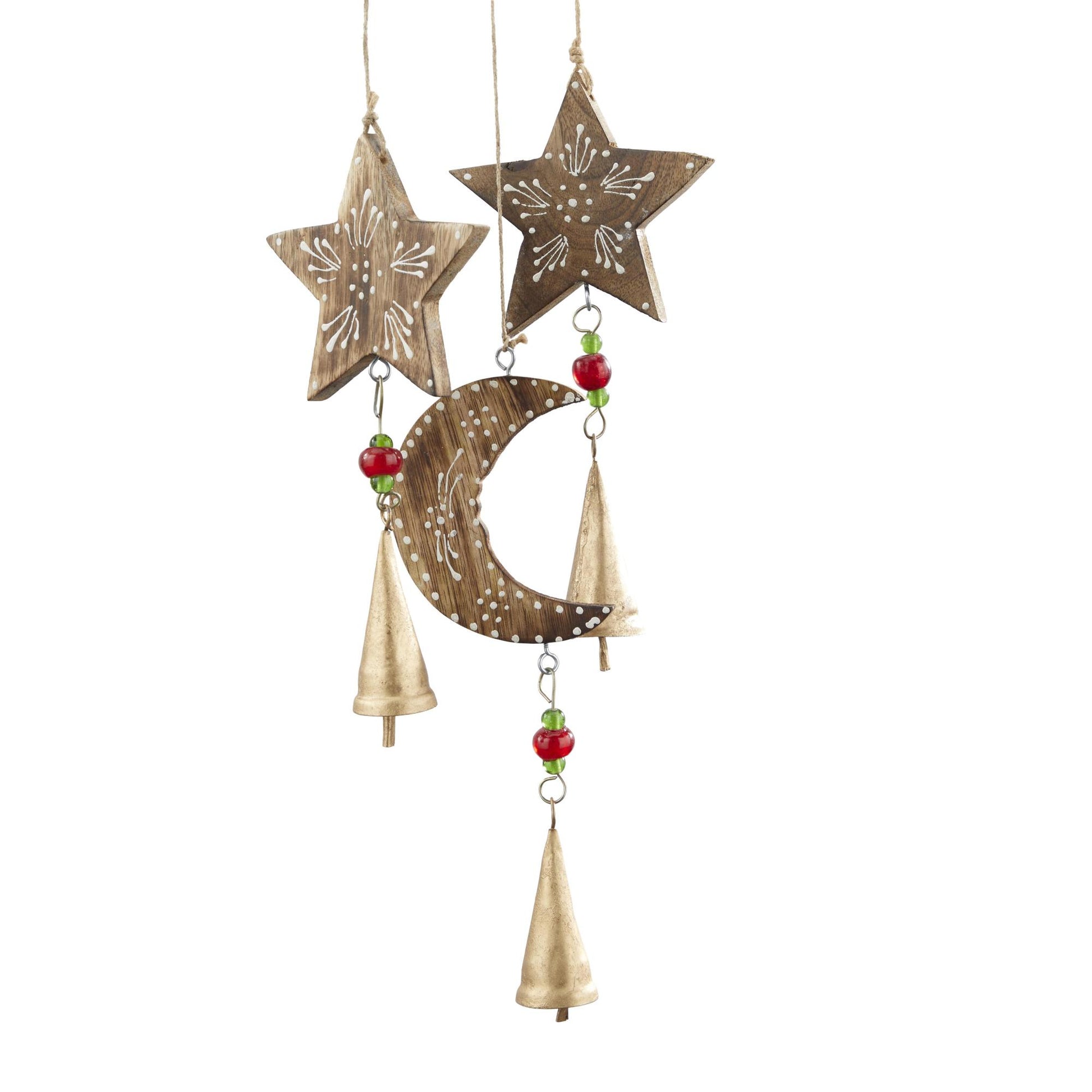 Sun and Moon Gold Mango Wood Handmade Indoor Outdoor Windchime with Glass Beads and Cone Bells