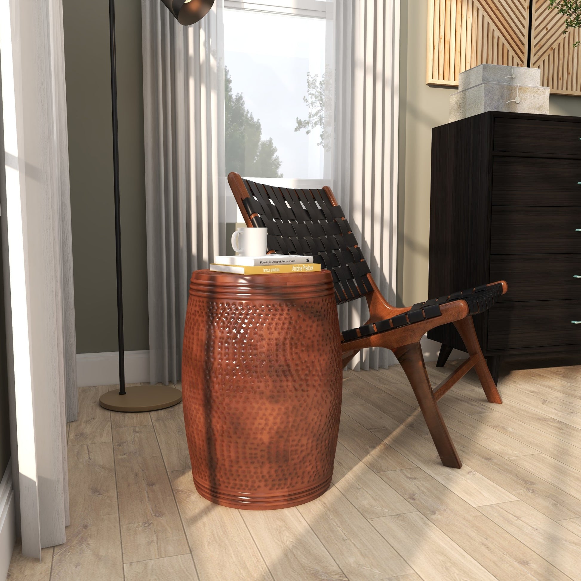 Drum Metal Handmade Side End Accent Table with Hammered Design
