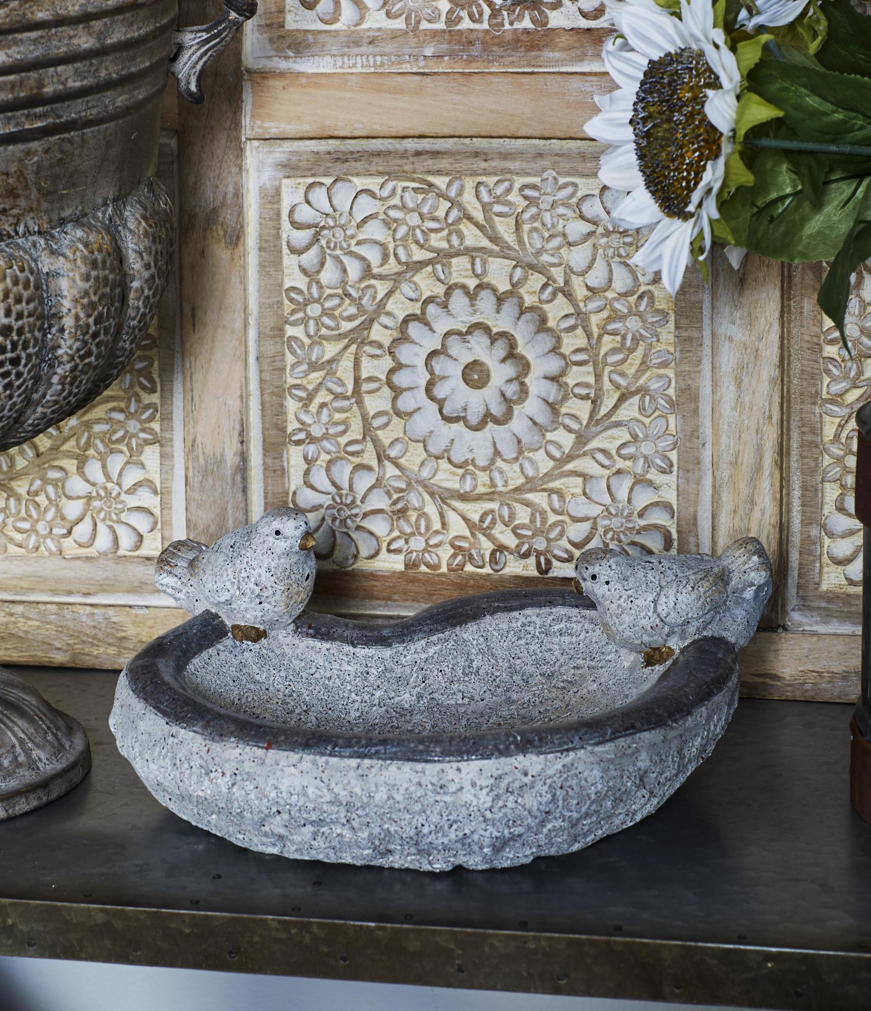 Bird Gray Polystone Indoor Outdoor Decorative Garden Sculpture with Bath Bowl