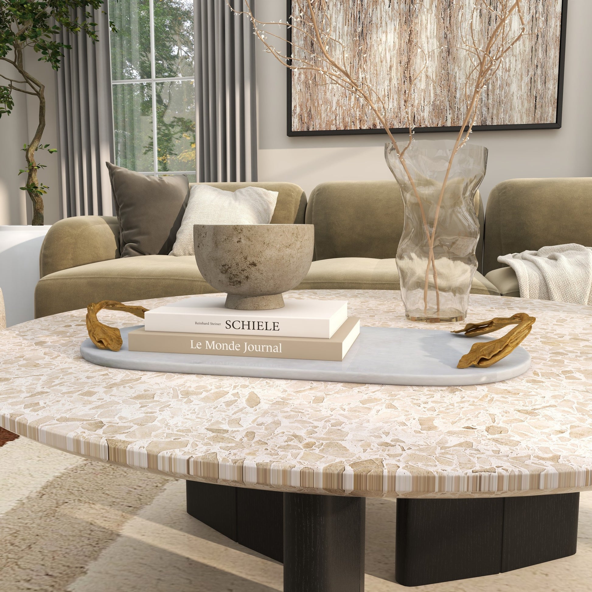 Leaf Marble Oval Living Room Decor Tray with Gold Twisted Metal Handles
