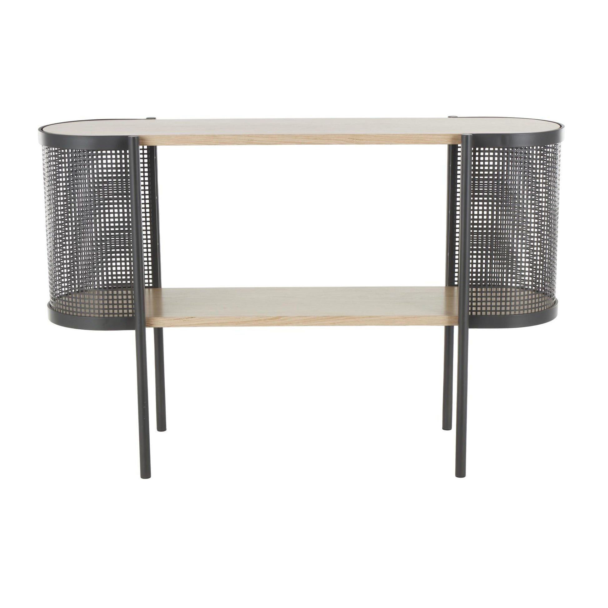 Light Brown Wooden Oval Two-Toned Living Room Console Table with Mesh Side Panels and Brown Wood Tabletop